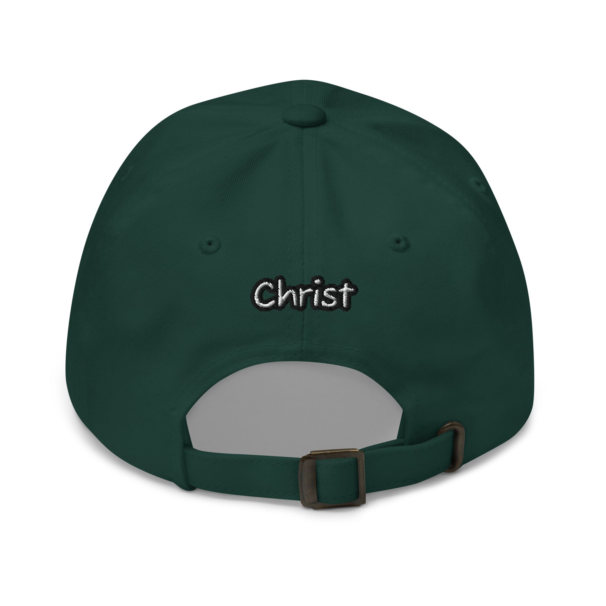 Back view of a deep green Dad Hat – A Verse a Day Keeps the Devil Away with adjustable strap and embroidered word "Christ" above the opening, faith-inspired apparel.