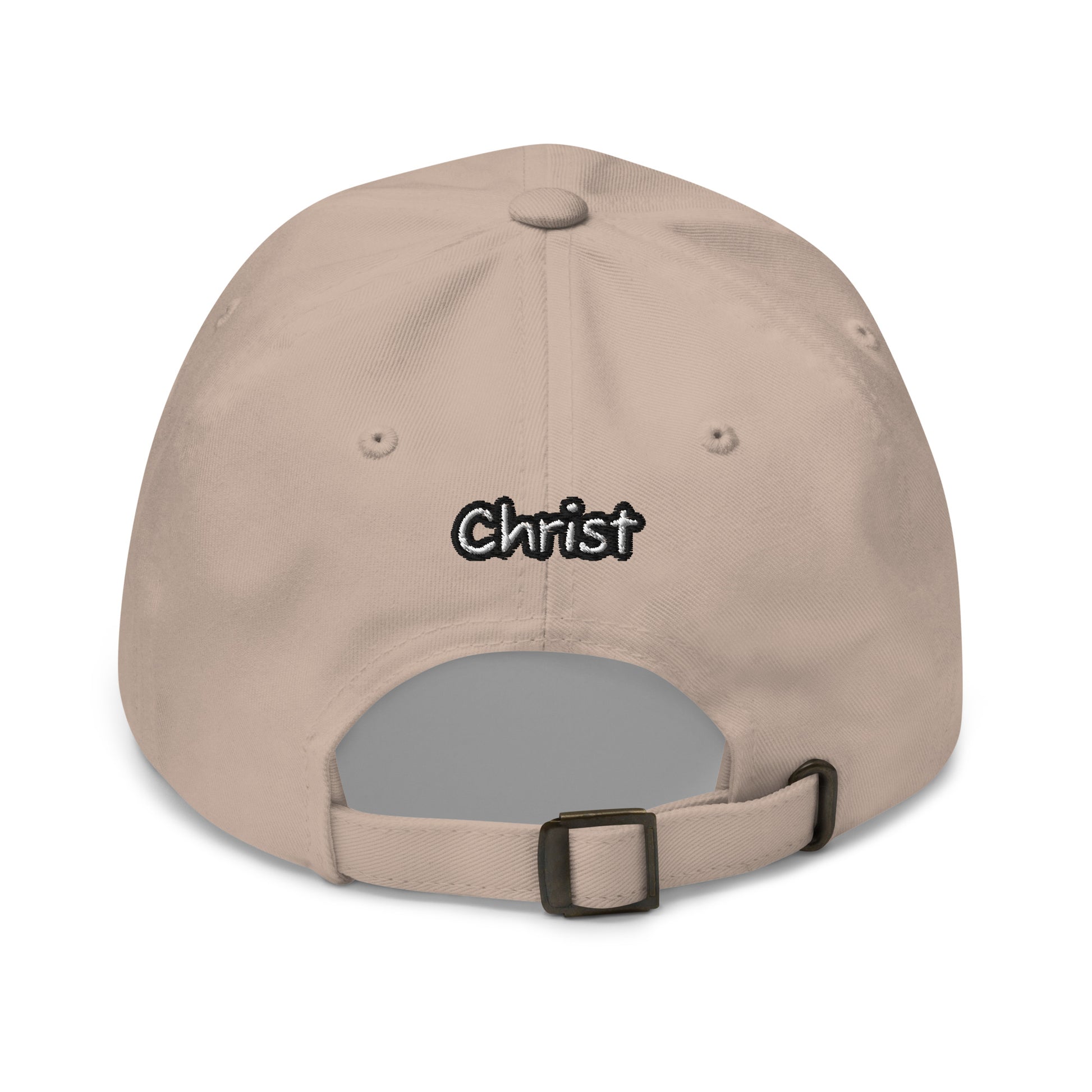 Back view of a stone-colored Dad Hat – A Verse a Day Keeps the Devil Away with adjustable strap and embroidered word "Christ" above the opening, faith-inspired apparel.