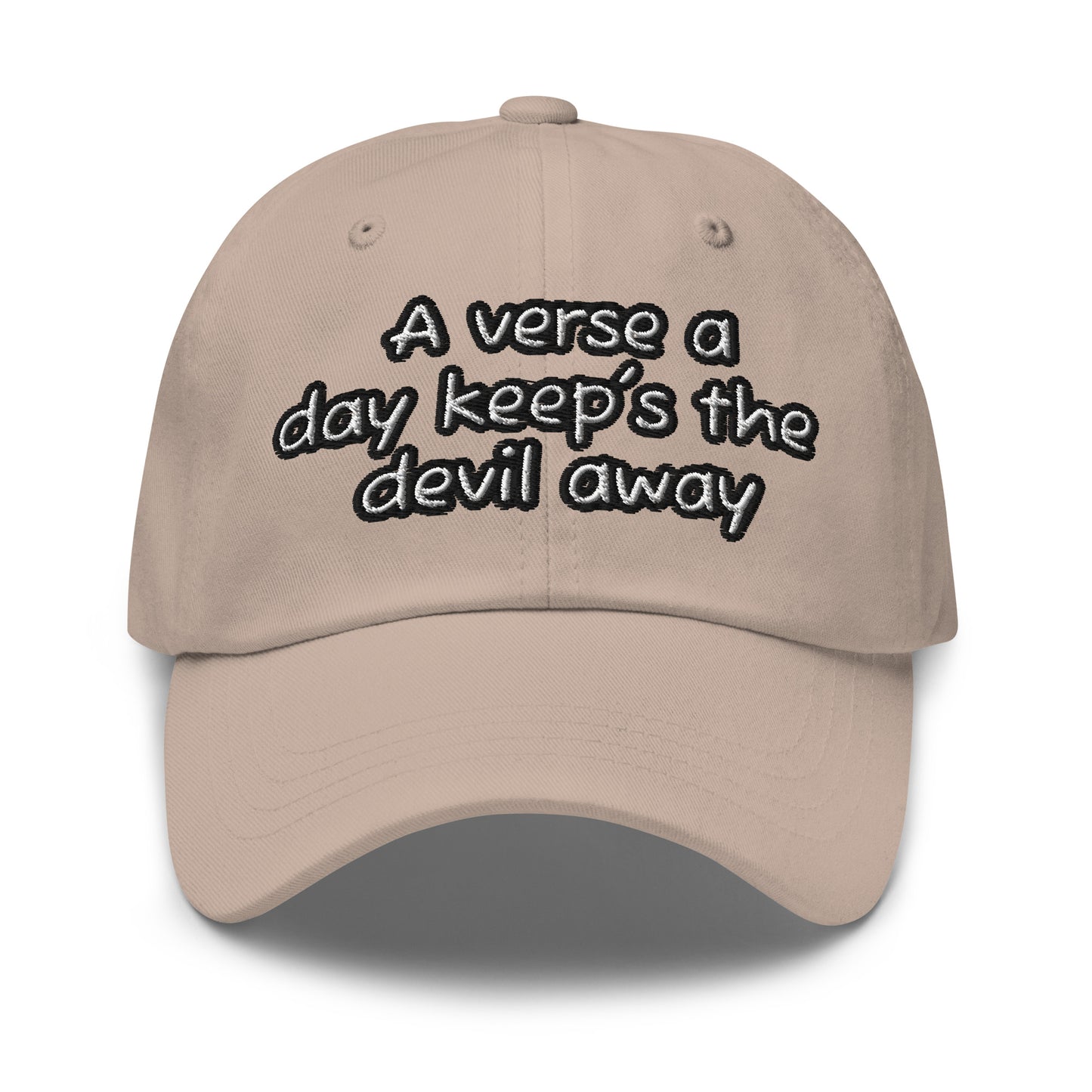 Beige Dad Hat – A Verse a Day Keeps the Devil Away with black and white embroidered text on front, casual faith-inspired apparel accessory for everyday wear.