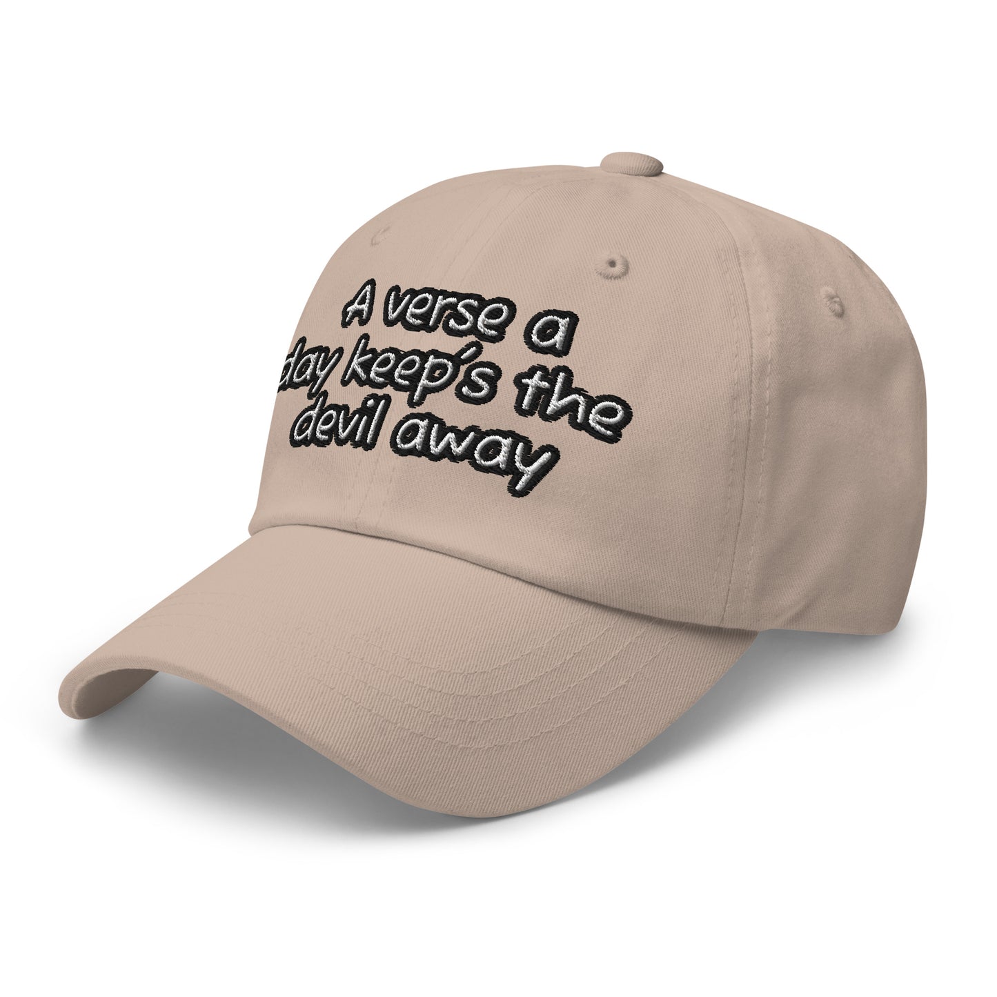 Stone-colored Dad Hat – A Verse a Day Keeps the Devil Away with embroidered inspirational faith message on front, classic casual adjustable design for everyday wear.