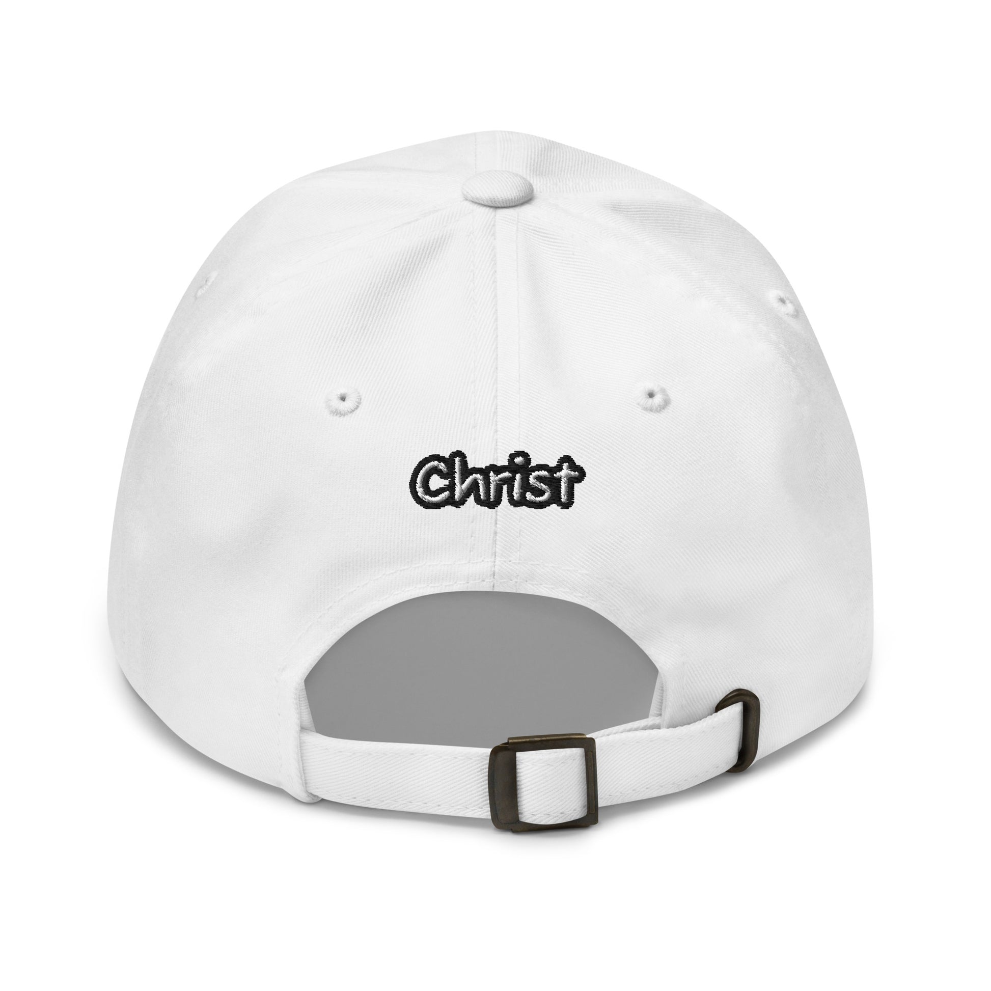Back view of a white Dad Hat – A Verse a Day Keeps the Devil Away with adjustable strap and embroidered word "Christ" above the opening, reflecting faith-inspired apparel.