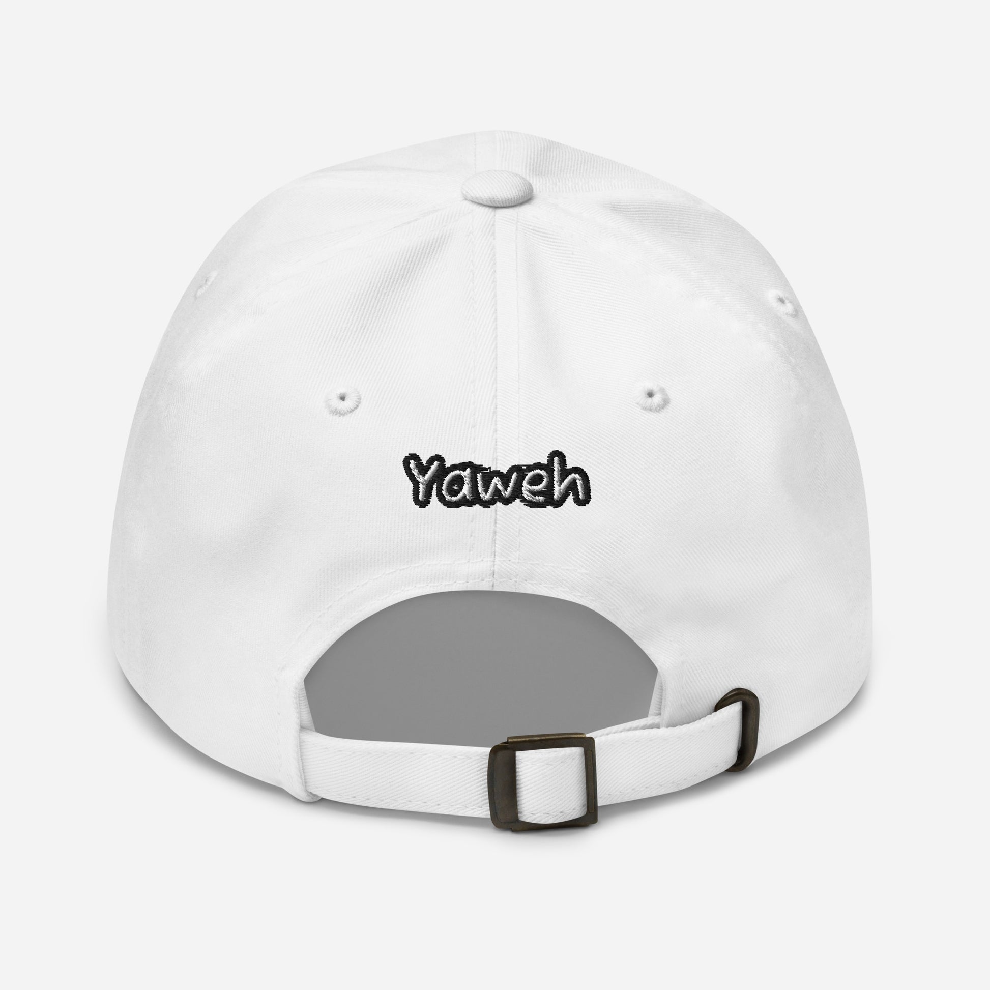 White Dad Hat – Yahweh Every Day with adjustable strap and embroidered "Yaweh" text on the back, faith-inspired apparel perfect for everyday wear.