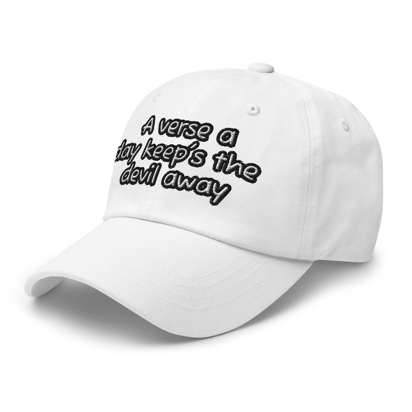 White classic Dad Hat – A Verse a Day Keeps the Devil Away with black embroidered faith-inspired text, a stylish Christian gift in soft cotton fabric.
