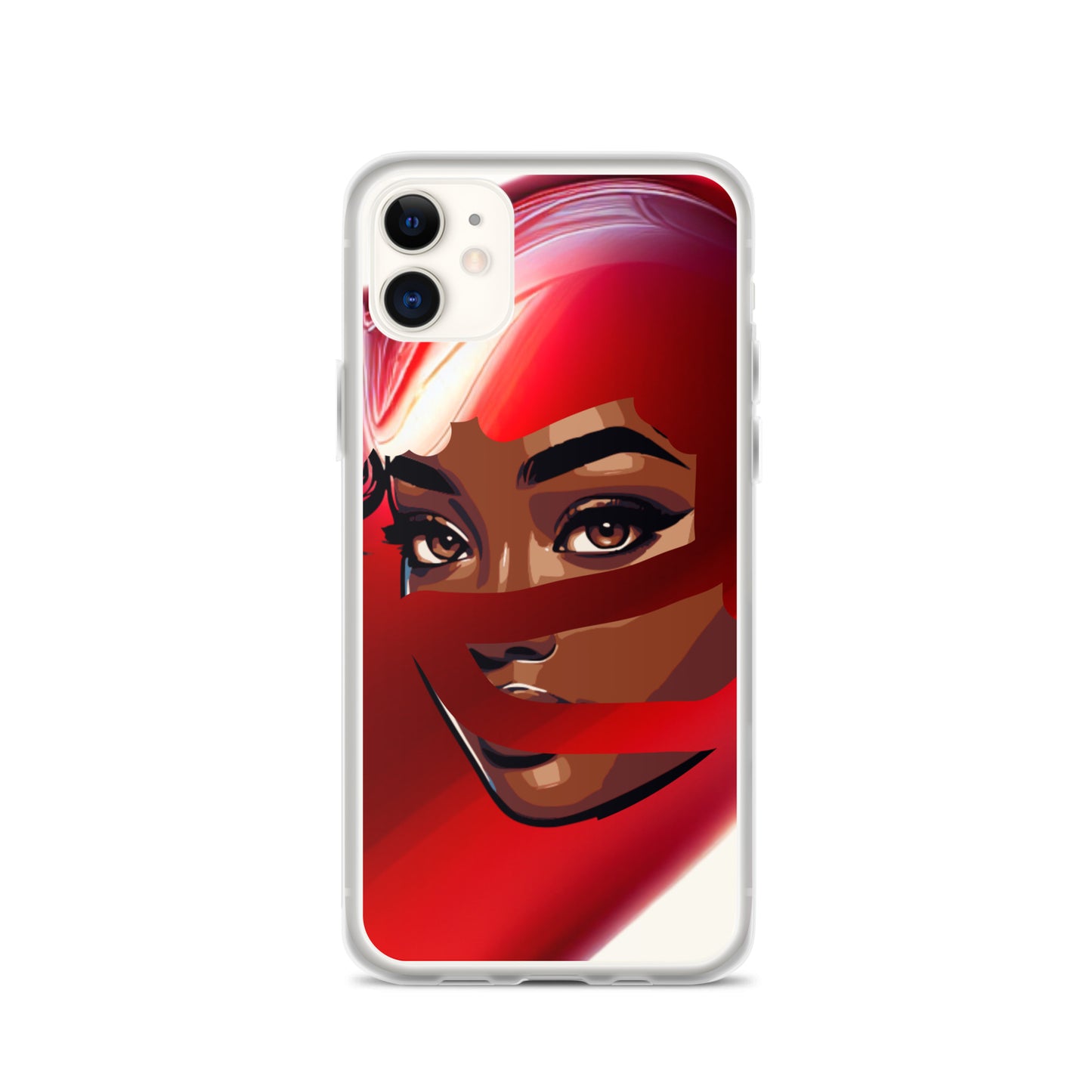 Red Scarf Mystery Clear iPhone® Case featuring vibrant melanin-rich artwork of a woman with a red scarf, combining faith-inspired and purpose-driven messaging.