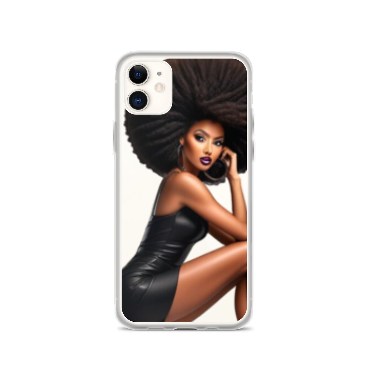 Stiletto Queen Clear iPhone® Case featuring a stylish Black woman with voluminous natural hair and glossy makeup, showcasing melanin-rich imagery and purpose-driven messaging.