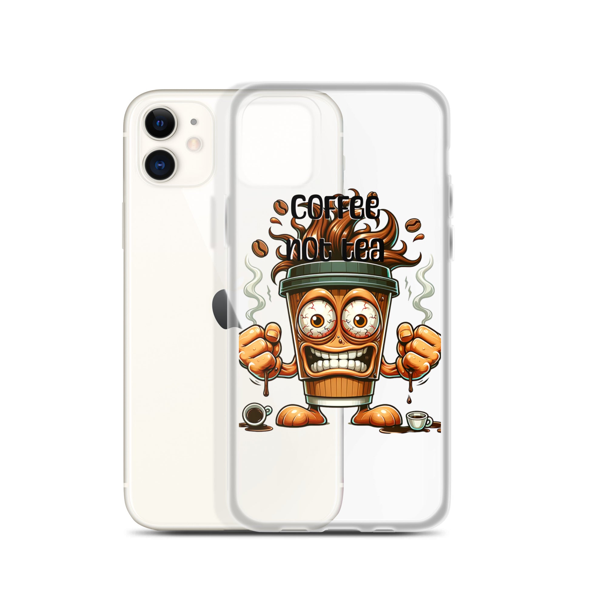 Coffee Not Tea Clear iPhone® Case features a clear design with a vibrant, animated coffee cup character and the phrase "Coffee Not Tea," blending faith-inspired messaging with melanin-rich imagery.