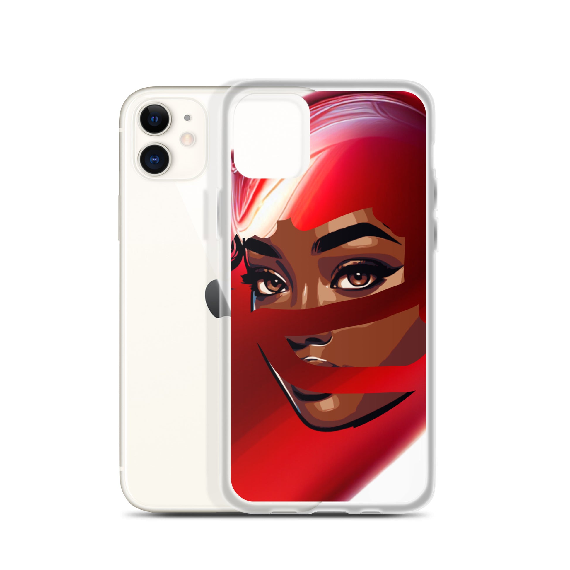 Clear iPhone® case featuring a striking digital art of a woman wrapped in a red scarf with bold eyes and melanin-rich tones, Red Scarf Mystery Clear iPhone® Case, faith-inspired design.