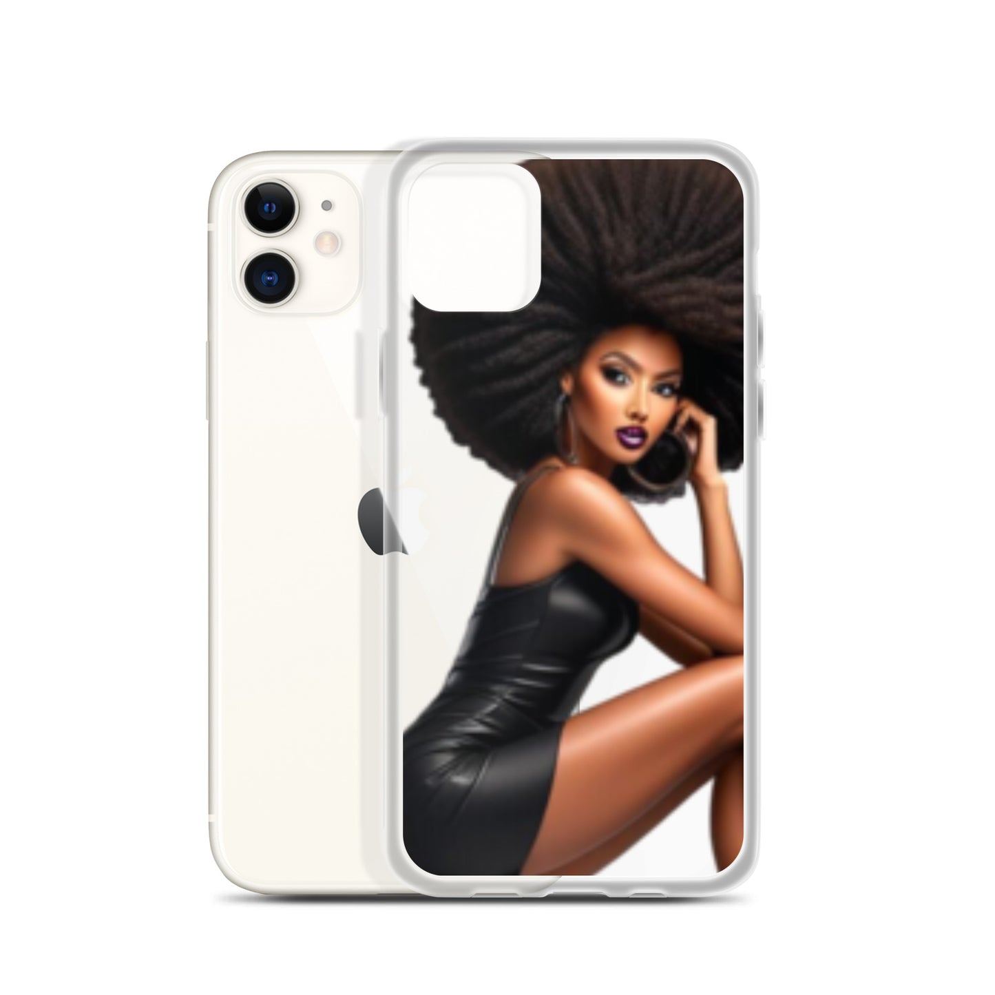 Stiletto Queen Clear iPhone® Case featuring a striking illustration of a confident Black woman with voluminous natural hair wearing a sleek black dress, embodying faith-inspired melanin-rich imagery and purpose-driven messaging.