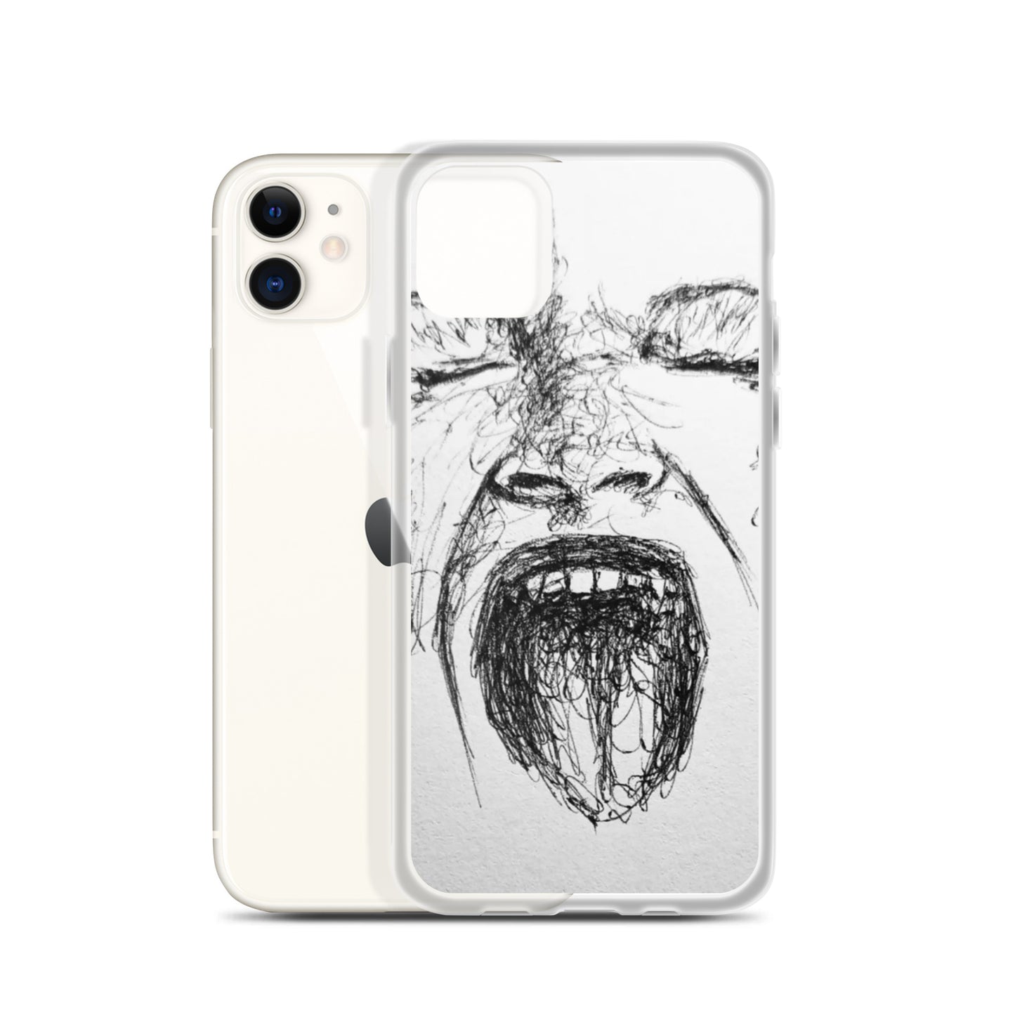 She Screams Clear iPhone® Case featuring abstract black ink sketch of a screaming face, combining artistic expression with faith-inspired apparel and purpose-driven messaging.