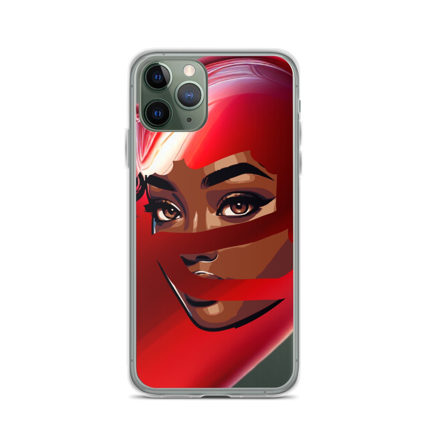 Clear iPhone® case featuring a vibrant artwork of a woman's face partially wrapped in a red scarf, designed with melanin-rich imagery and purpose-driven messaging, Red Scarf Mystery Clear iPhone® Case.