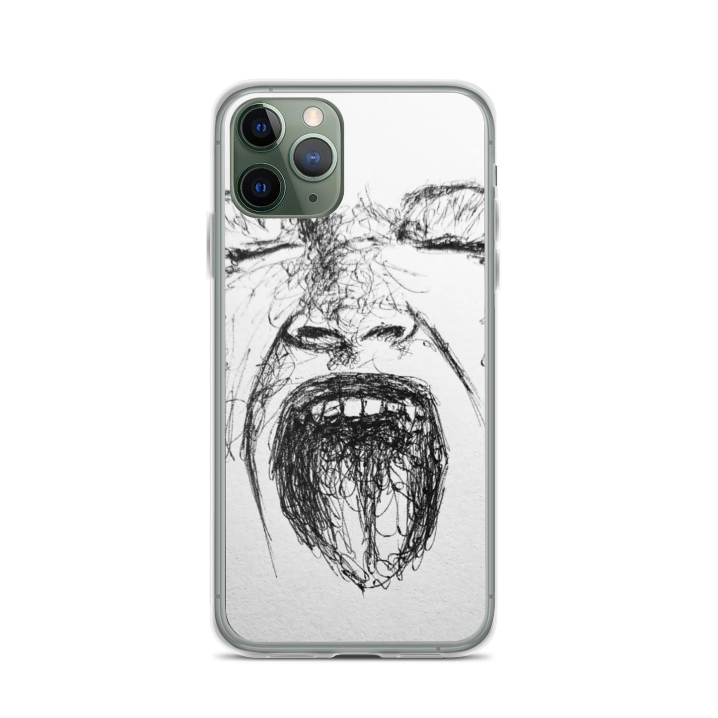 She Screams Clear iPhone® Case featuring an expressive black sketch design of a face screaming, blending bold artistic style with faith-inspired purpose-driven messaging.