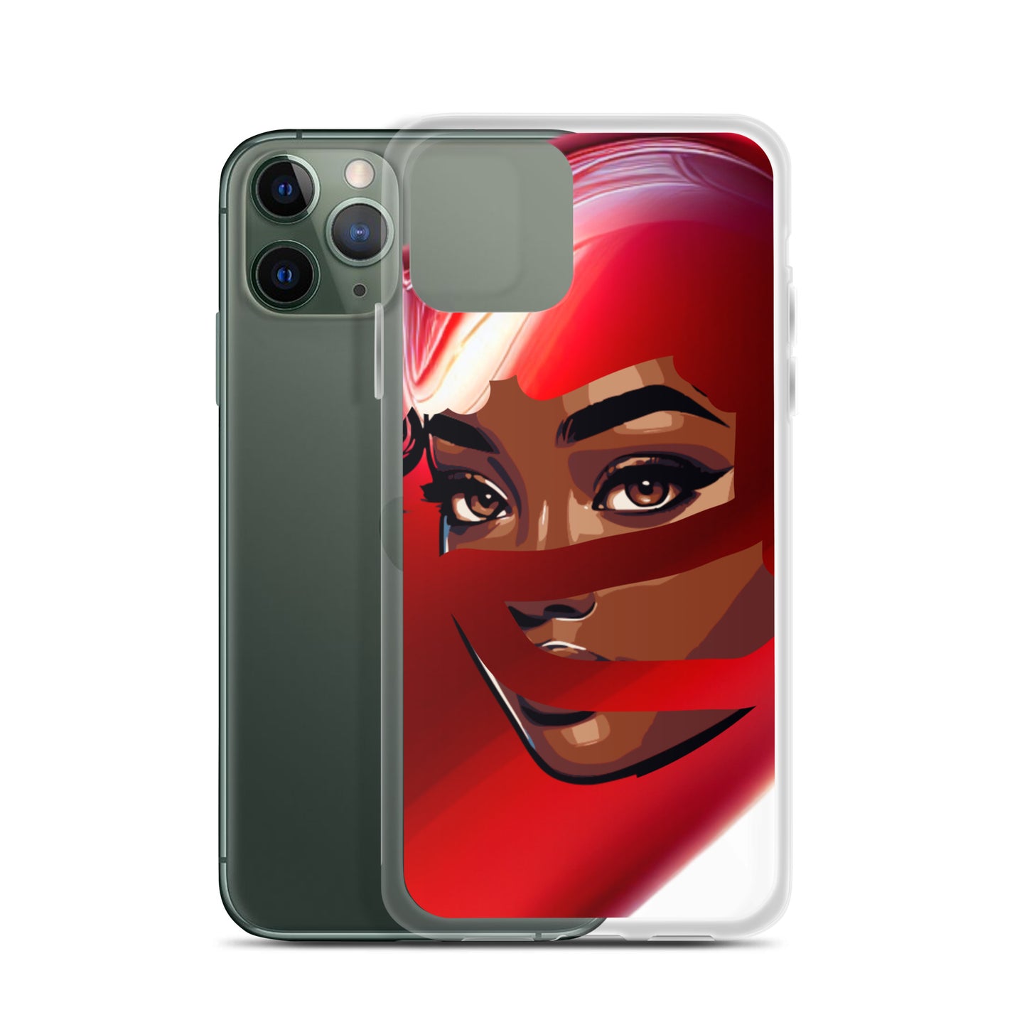 Clear iPhone® case featuring a vibrant Red Scarf Mystery design with bold, faith-inspired artwork showcasing a confident woman, perfect for melanin-rich imagery lovers.