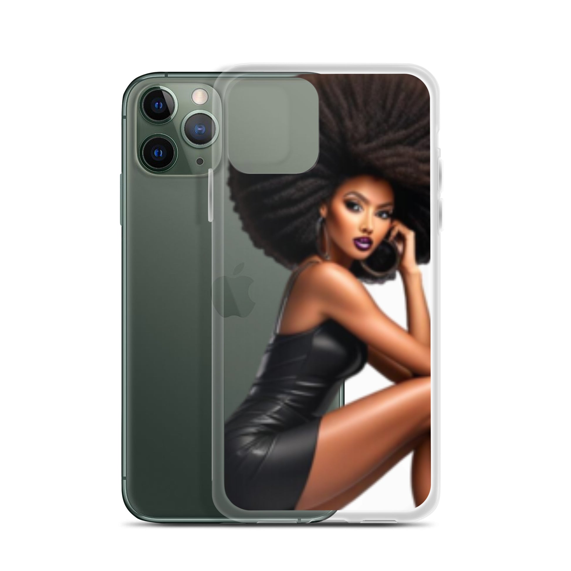 Stiletto Queen Clear iPhone® Case featuring a vibrant illustration of a confident Black woman with voluminous hair and stylish black dress, celebrating melanin-rich imagery and purpose-driven messaging.
