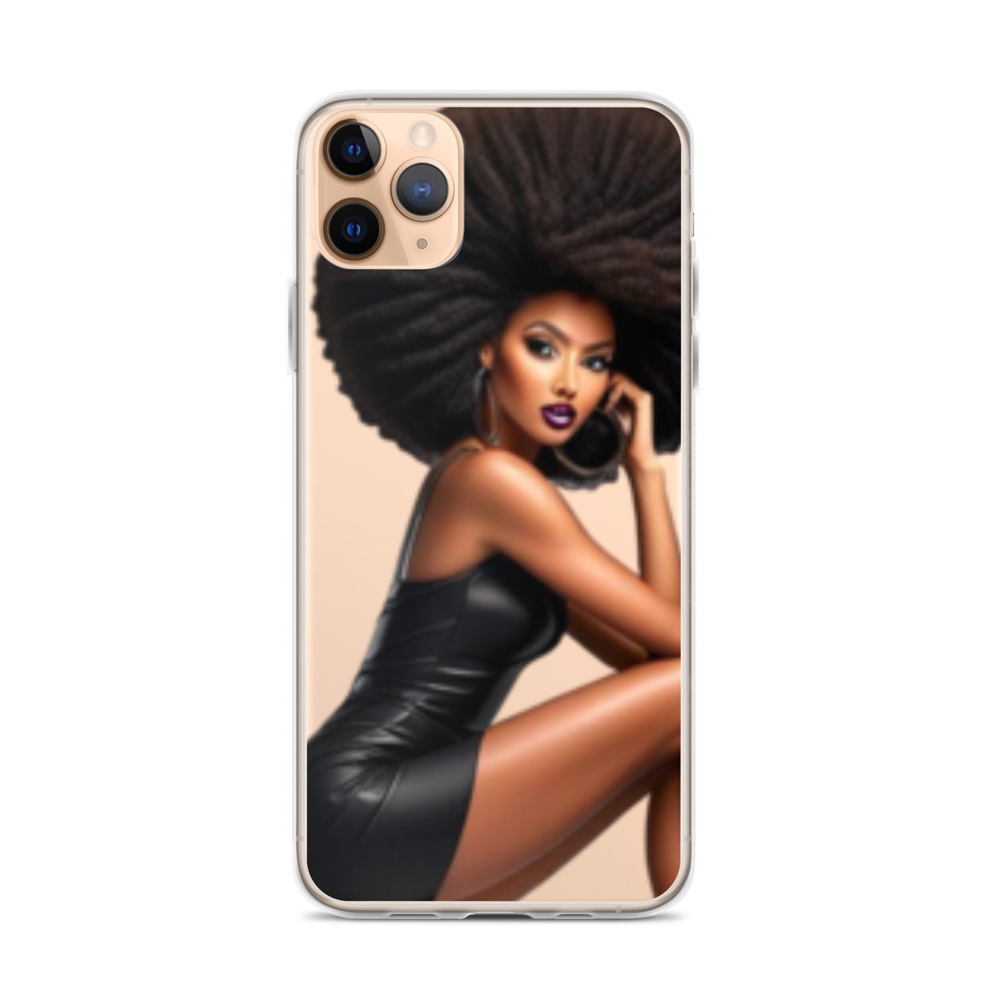 Clear iPhone® case featuring stylish artwork of a confident Black woman with voluminous natural hair wearing a sleek black dress, embodying melanin-rich imagery and purpose-driven messaging, Stiletto Queen Clear iPhone® Case.