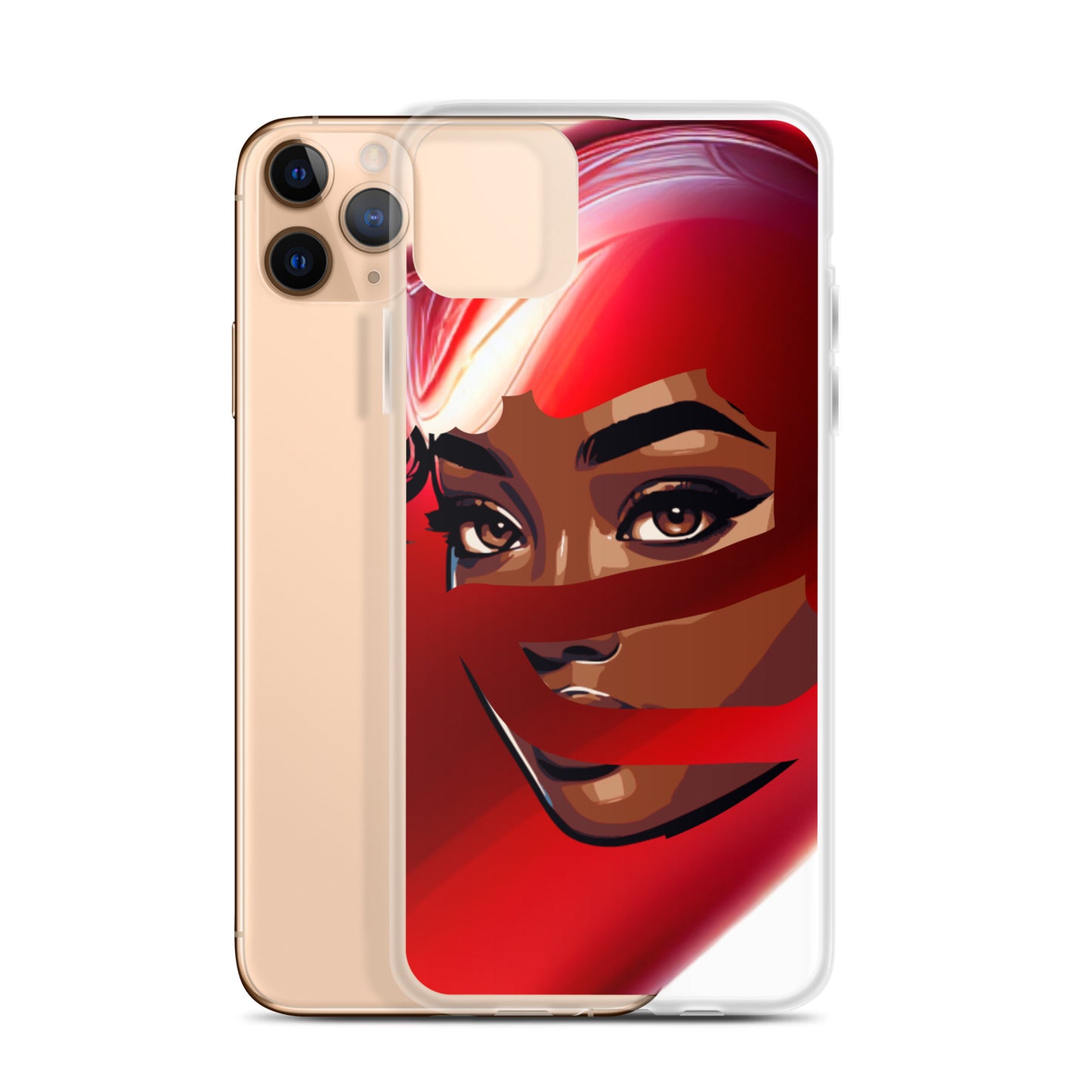 Red Scarf Mystery Clear iPhone® Case featuring bold melanin-rich imagery of a woman with expressive eyes wrapped in a flowing red scarf, blending faith-inspired and purpose-driven style.