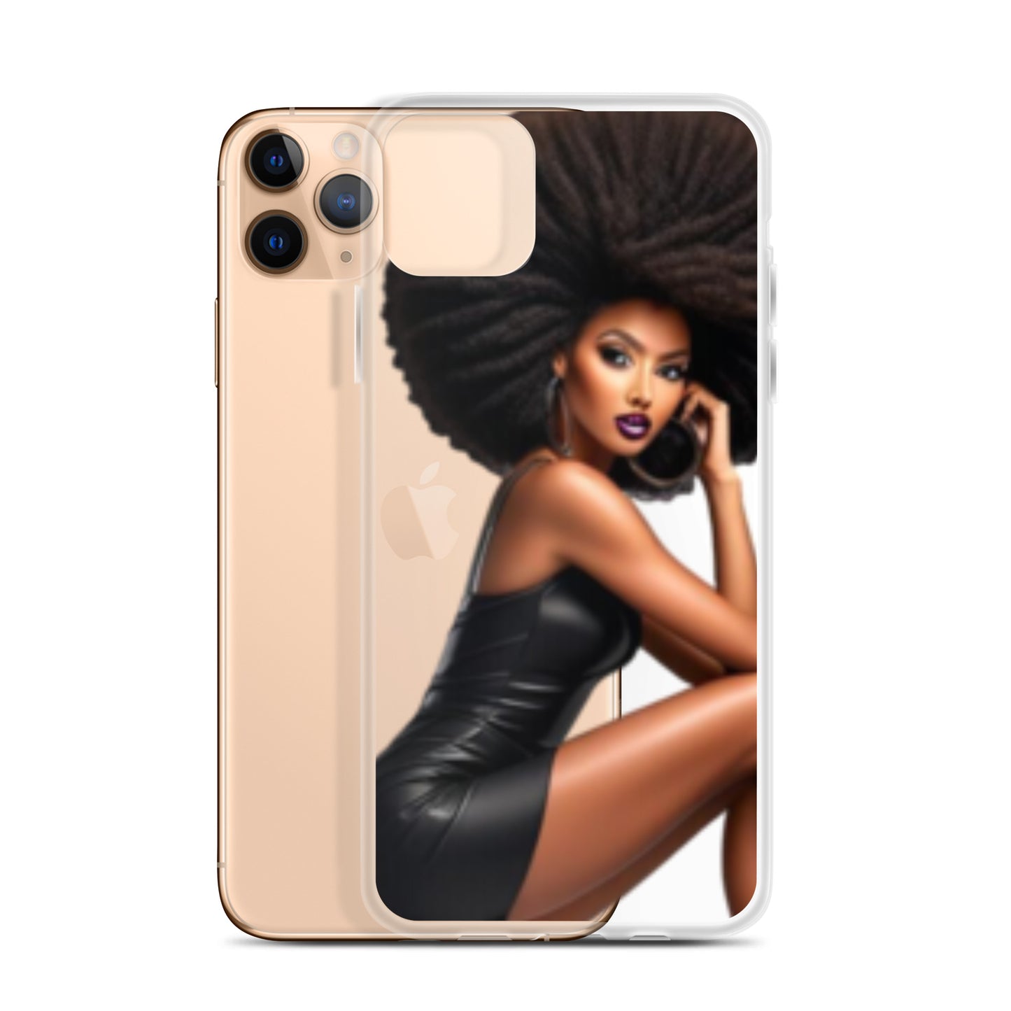 Transparent Stiletto Queen Clear iPhone® Case featuring a confident woman with voluminous natural hair, showcasing melanin-rich imagery and purpose-driven messaging.