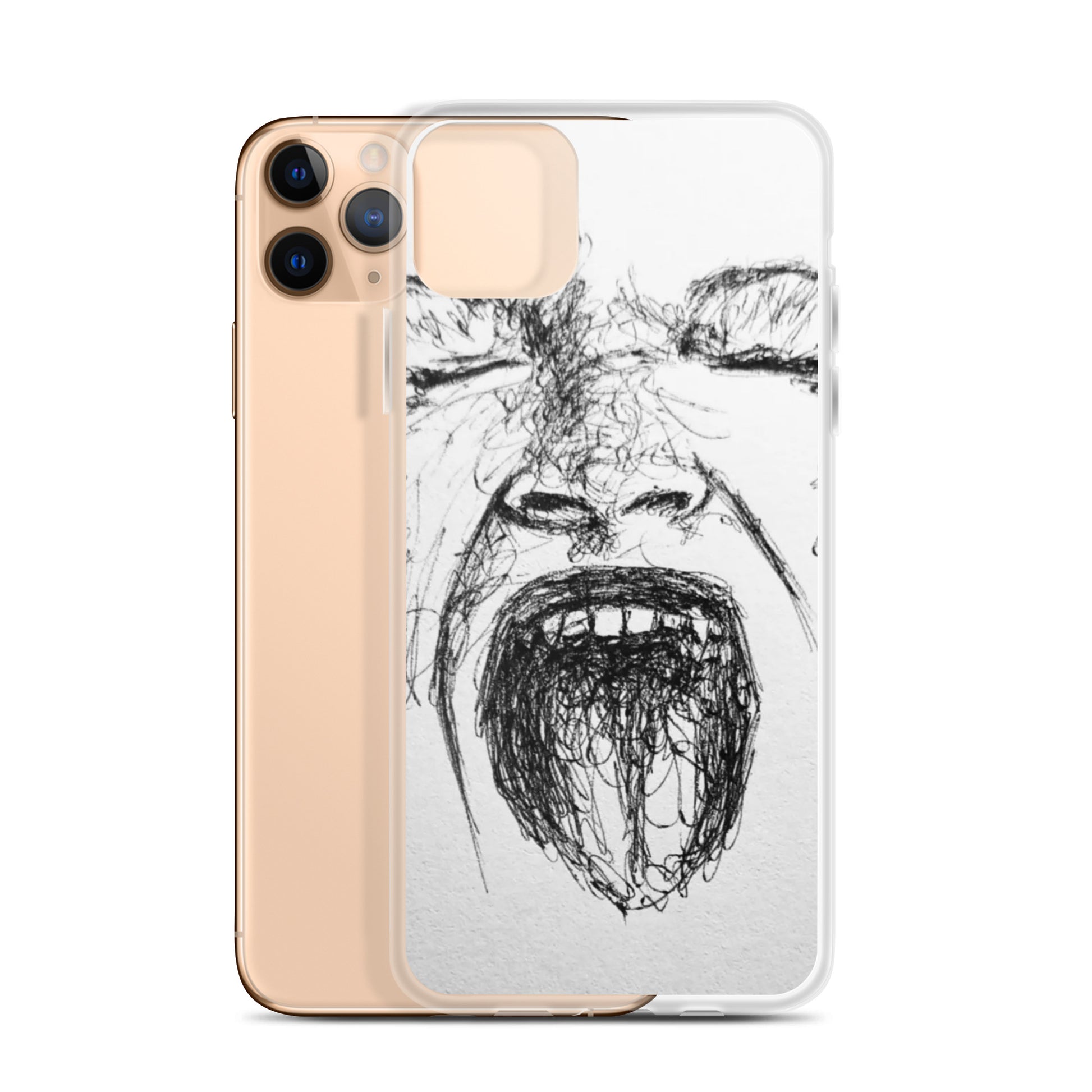 She Screams Clear iPhone® Case featuring expressive black sketch art of a face screaming, offering a unique blend of melanin-rich imagery and purpose-driven messaging for faith-inspired style.