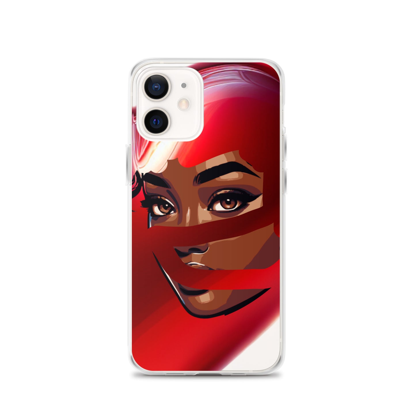Clear iPhone case featuring a striking digital portrait of a woman with a red scarf, showcasing melanin-rich imagery on the Red Scarf Mystery Clear iPhone® Case.