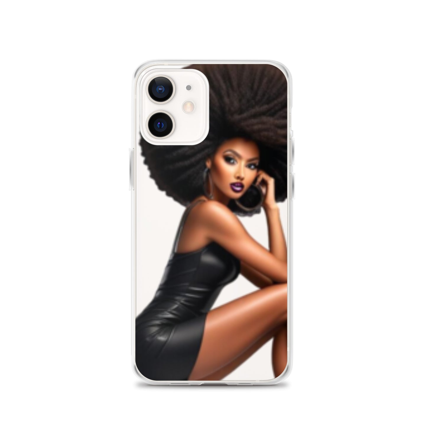 Stiletto Queen Clear iPhone® Case featuring a striking image of a confident Black woman with voluminous natural hair wearing a sleek black outfit, celebrating melanin-rich beauty and purpose-driven style.