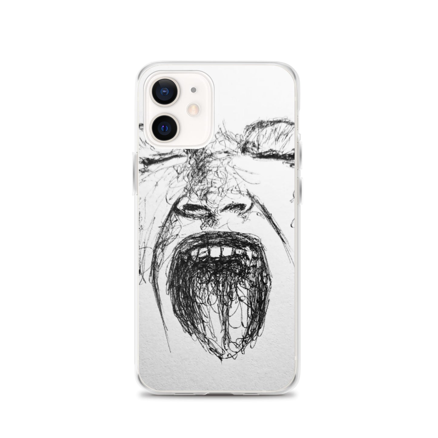 She Screams Clear iPhone® Case featuring an abstract black ink sketch of a screaming face, combining unique artistic expression with protective, transparent phone coverage.
