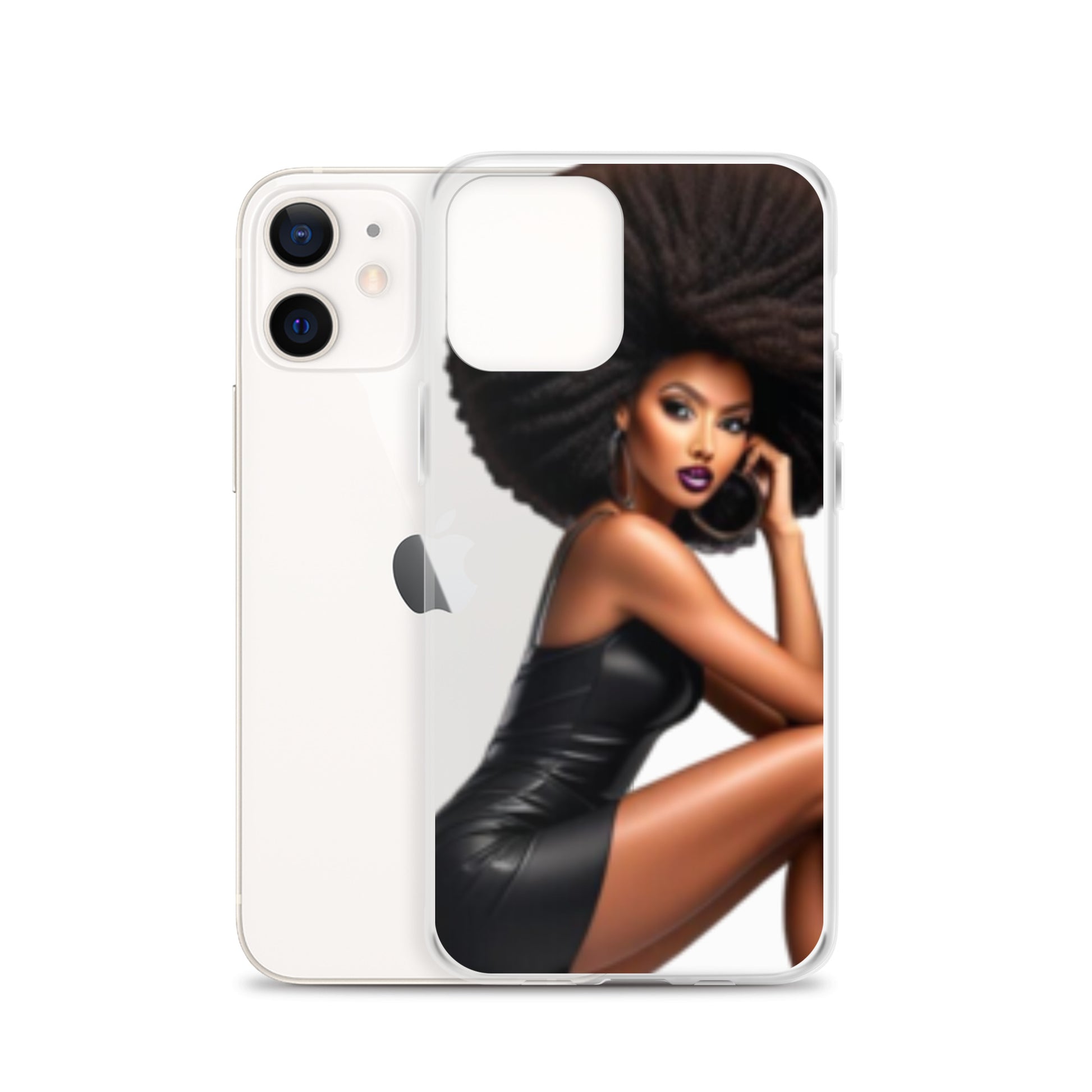 Stiletto Queen Clear iPhone® Case featuring a striking image of a confident Black woman with voluminous natural hair, embodying melanin-rich beauty and purpose-driven style.