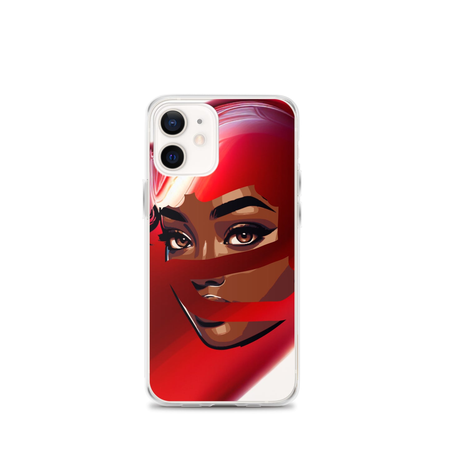 Clear iPhone® case featuring vibrant melanin-rich artwork of a woman's face wrapped in a red scarf, designed with faith-inspired purpose in the Red Scarf Mystery Clear iPhone® Case.