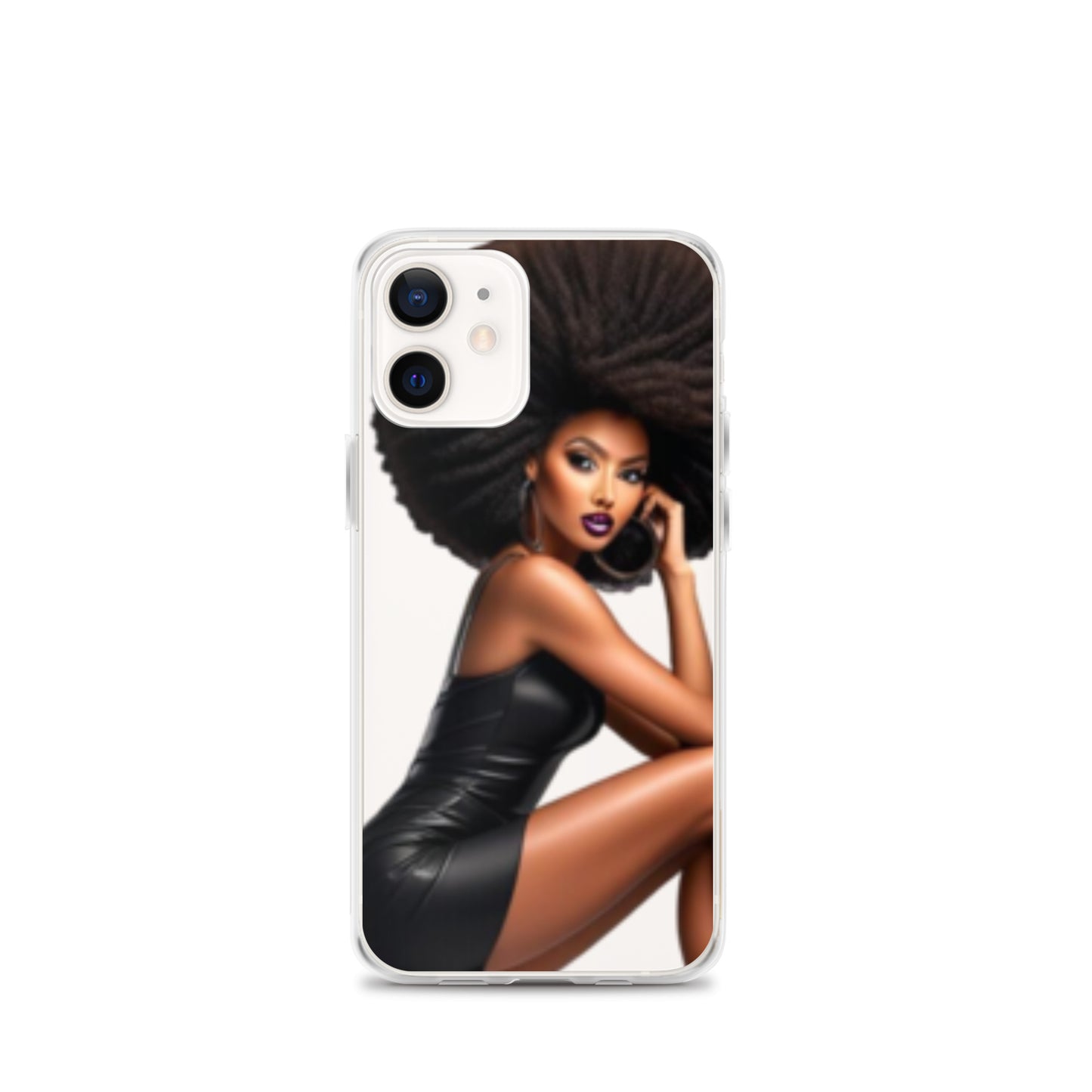 Stiletto Queen Clear iPhone® Case featuring a striking illustration of a confident Black woman with voluminous natural hair and bold makeup, celebrating melanin-rich imagery and purpose-driven messaging.