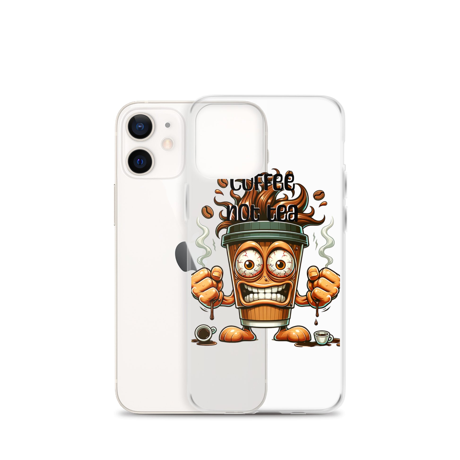 Clear iPhone® case featuring a lively cartoon coffee cup with the phrase Coffee Not Tea, showcasing melanin-rich imagery and purpose-driven messaging aligned with faith-inspired apparel and gifts.