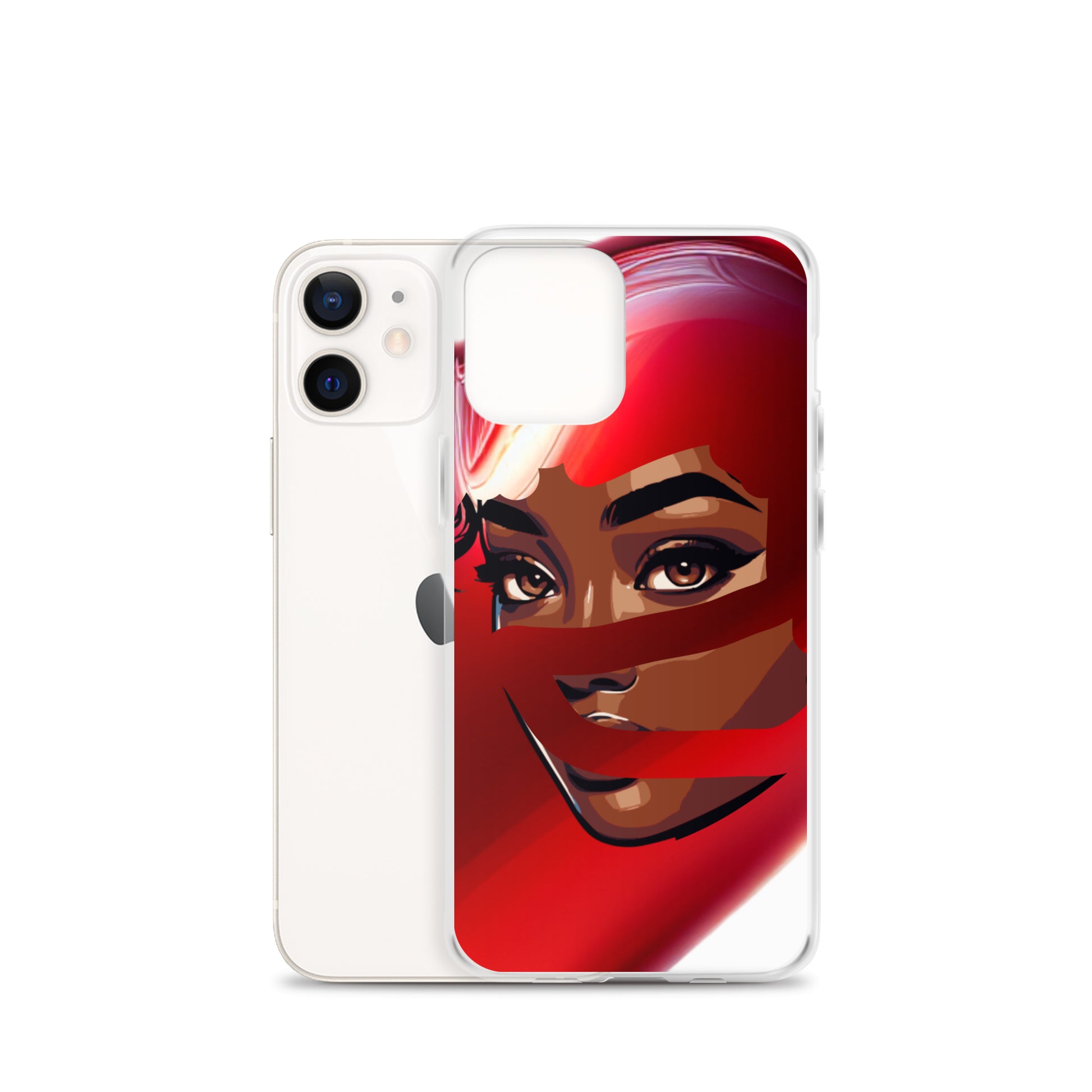 Clear protective phone case featuring bold artwork of a woman in a vibrant red scarf, blending faith-inspired designs with melanin-rich imagery on the Red Scarf Mystery Clear iPhone® Case.