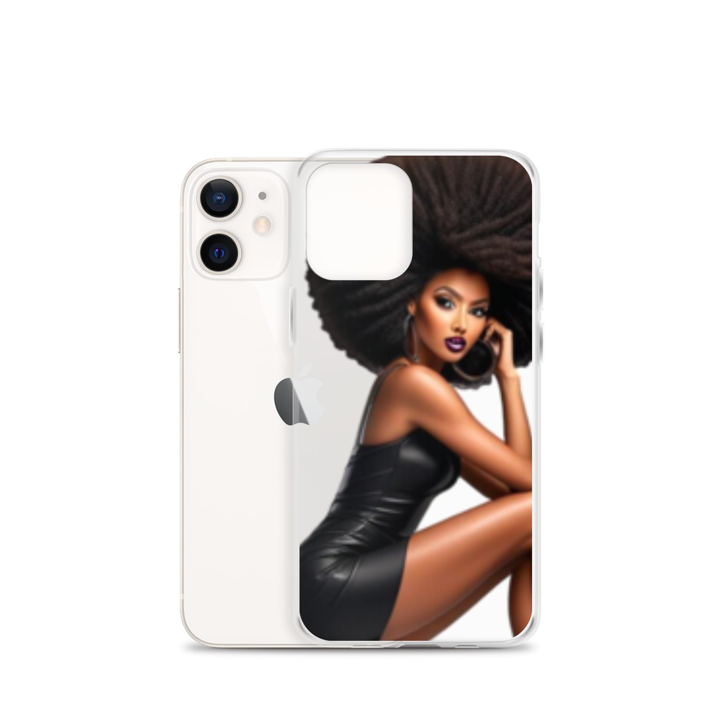 Stiletto Queen Clear iPhone® Case featuring a bold illustration of a confident Black woman with voluminous natural hair in a sleek black dress, celebrating melanin-rich beauty and purpose-driven style.
