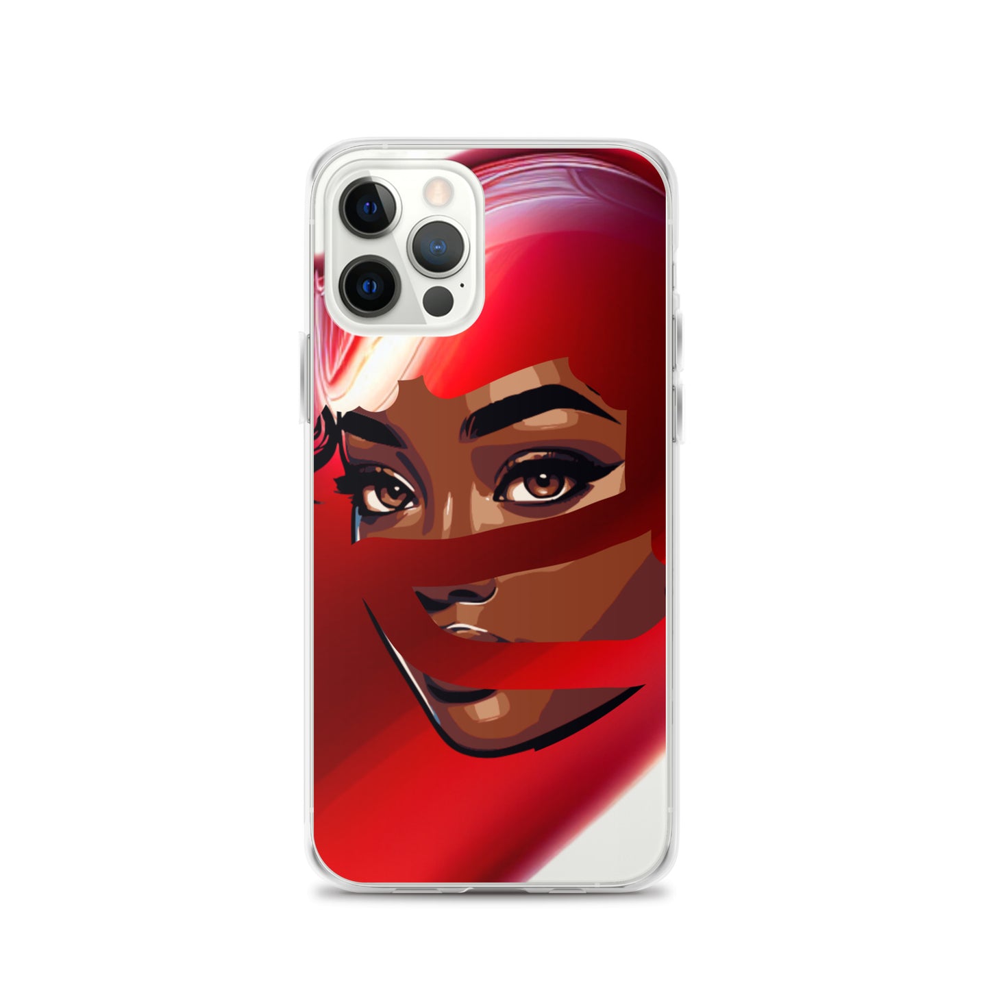 Clear iPhone® case featuring bold artwork of a confident woman behind a flowing red scarf, blending faith-inspired apparel and melanin-rich imagery in the Red Scarf Mystery Clear iPhone® Case.