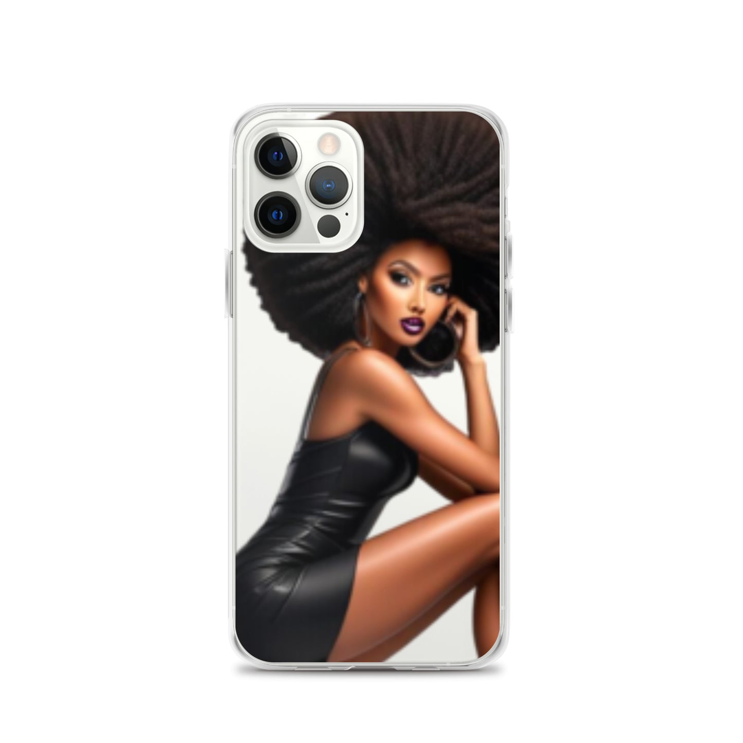 Clear iPhone® case featuring a stylish illustration of a confident Black woman with natural hair in a sleek black dress, reflecting faith-inspired apparel and purpose-driven messaging, Stiletto Queen Clear iPhone® Case.