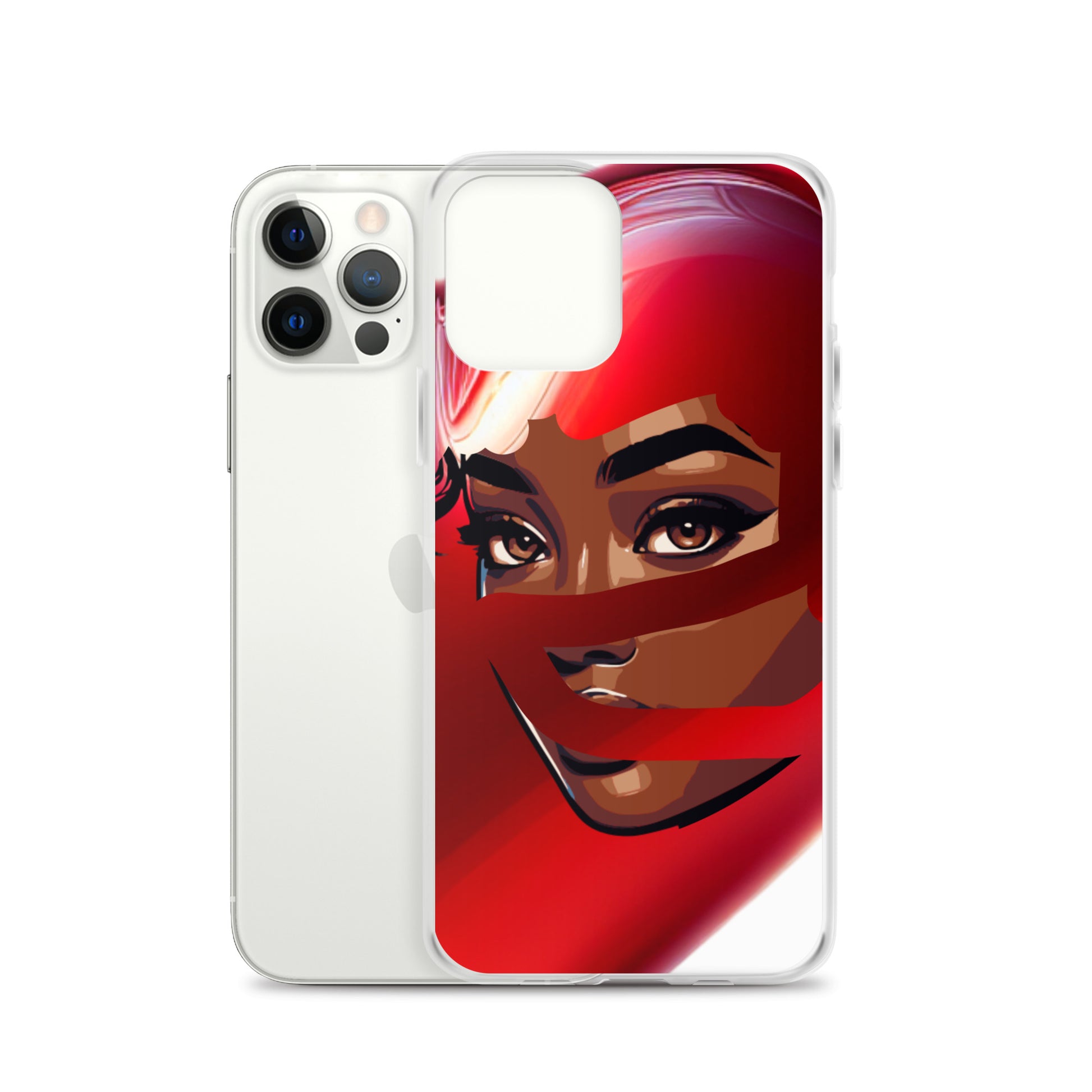 Red Scarf Mystery Clear iPhone® Case featuring a vibrant, bold illustration of a woman with striking eyes wrapped in a flowing red scarf, blending faith-inspired artistry with melanin-rich imagery.
