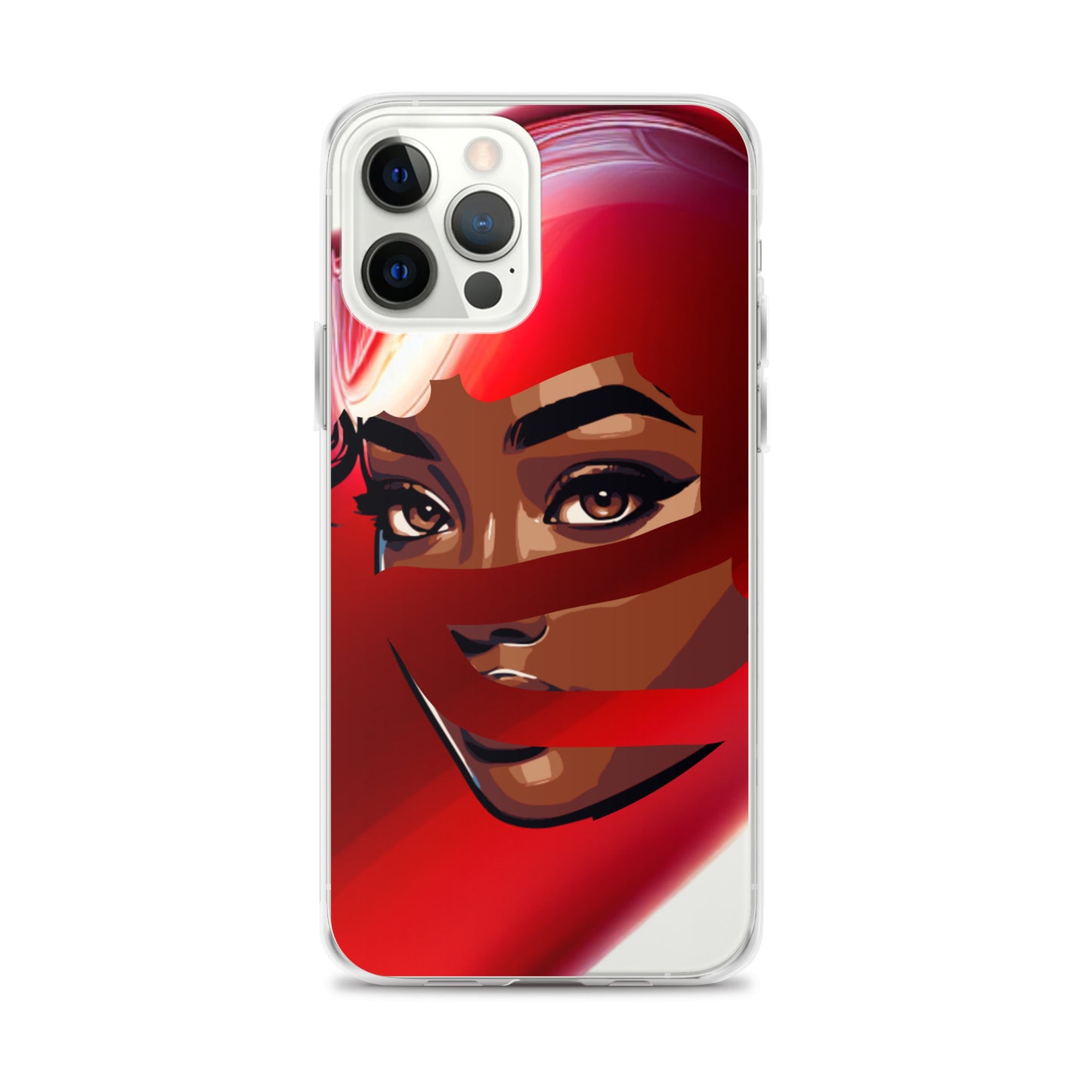 Red Scarf Mystery Clear iPhone® Case featuring a vibrant illustration of a confident woman with melanin-rich skin wrapped in a flowing red scarf, embodying purpose-driven messaging.