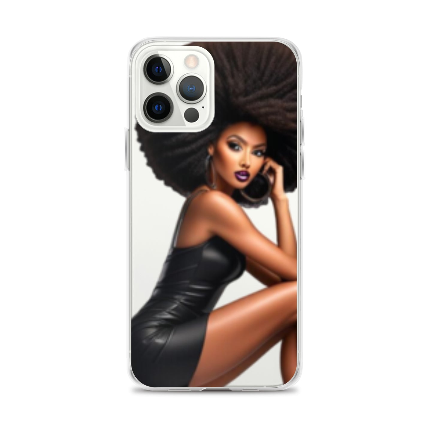 Clear phone case featuring bold artwork of a confident Black woman with natural hair and stylish attire, embodying melanin-rich imagery and purpose-driven messaging for the Stiletto Queen Clear iPhone® Case.