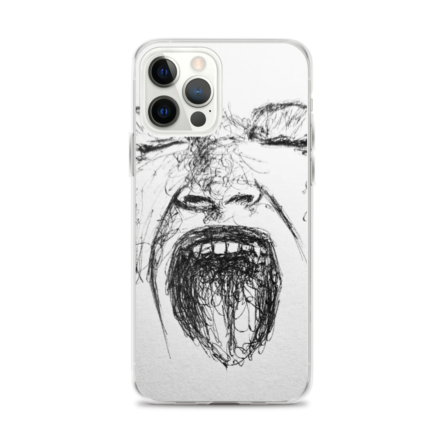 She Screams Clear iPhone® Case featuring a bold, abstract black sketch of a screaming face, combining faith-inspired apparel and purposeful melanin-rich imagery.