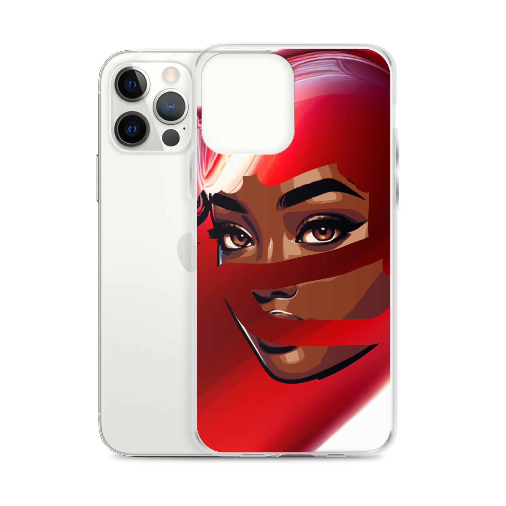Red Scarf Mystery Clear iPhone® Case featuring a vibrant, faith-inspired design with melanin-rich imagery of a woman's face partially covered by a flowing red scarf, symbolizing purpose and strength.