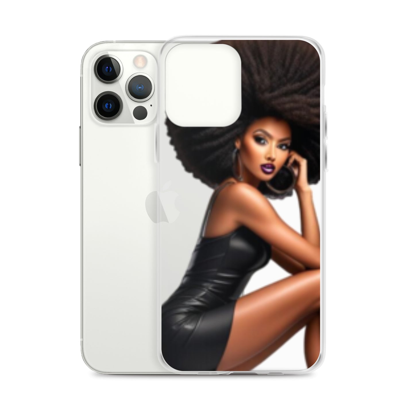 Stiletto Queen Clear iPhone® Case featuring a stylish illustration of a confident Black woman with voluminous natural hair and bold makeup, showcasing melanin-rich imagery and purpose-driven messaging.