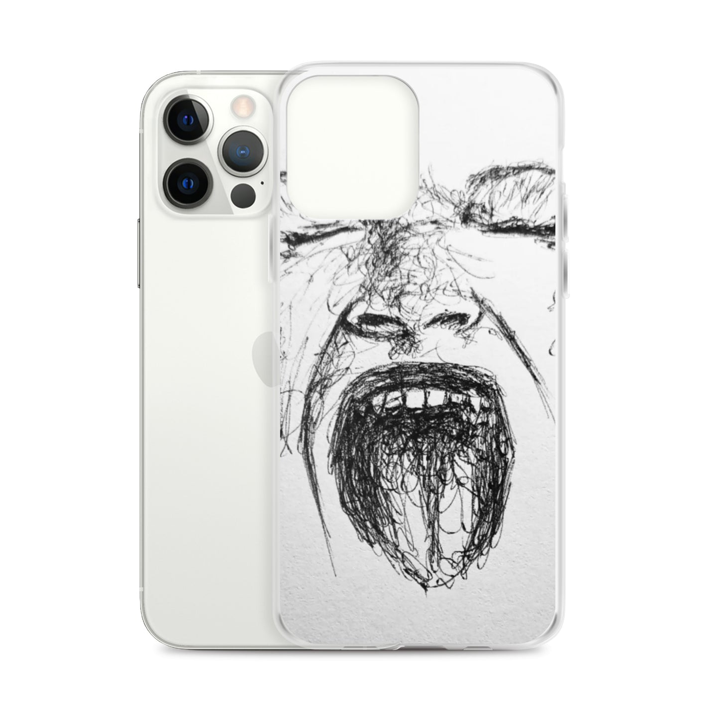 She Screams Clear iPhone® Case features an abstract black ink sketch of a face with mouth wide open on a transparent background, blending faith-inspired style with modern melanin-rich imagery.