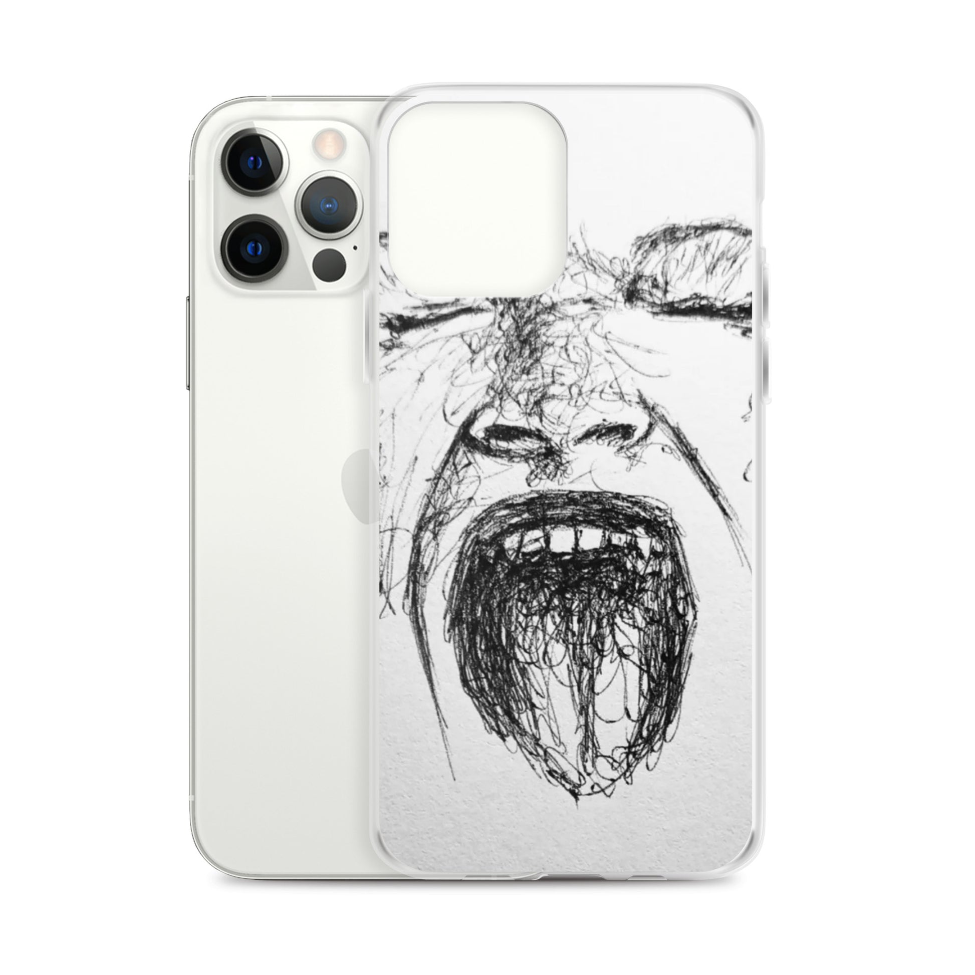 She Screams Clear iPhone® Case features an abstract black ink sketch of a face with mouth wide open on a transparent background, blending faith-inspired style with modern melanin-rich imagery.