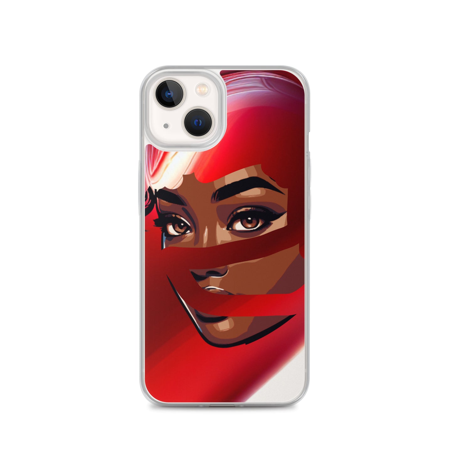 Clear phone case featuring an artistic portrait with vibrant red scarf design, reflecting melanin-rich imagery and purpose-driven messaging on the Red Scarf Mystery Clear iPhone® Case.