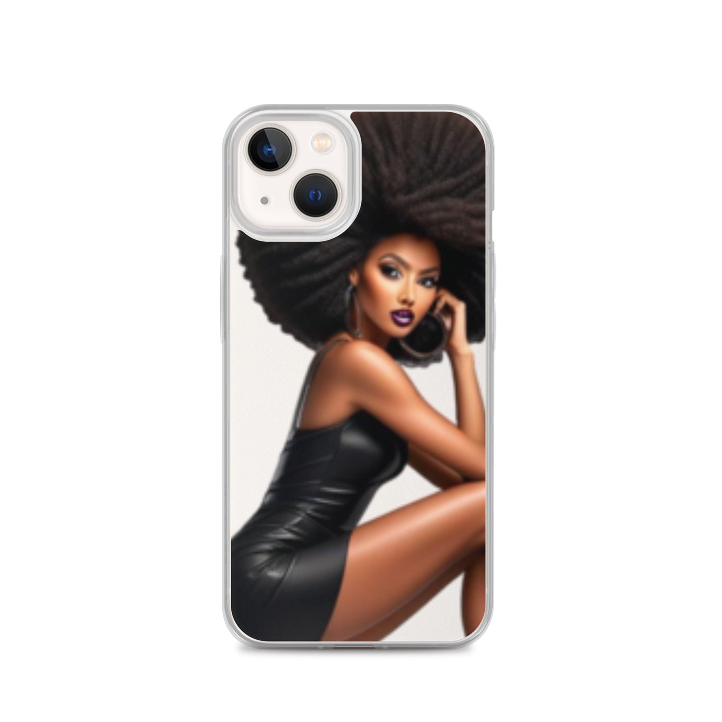 Stiletto Queen Clear iPhone® Case featuring a stylish illustration of a confident Black woman with voluminous natural hair and bold makeup, embodying melanin-rich imagery and purpose-driven messaging.
