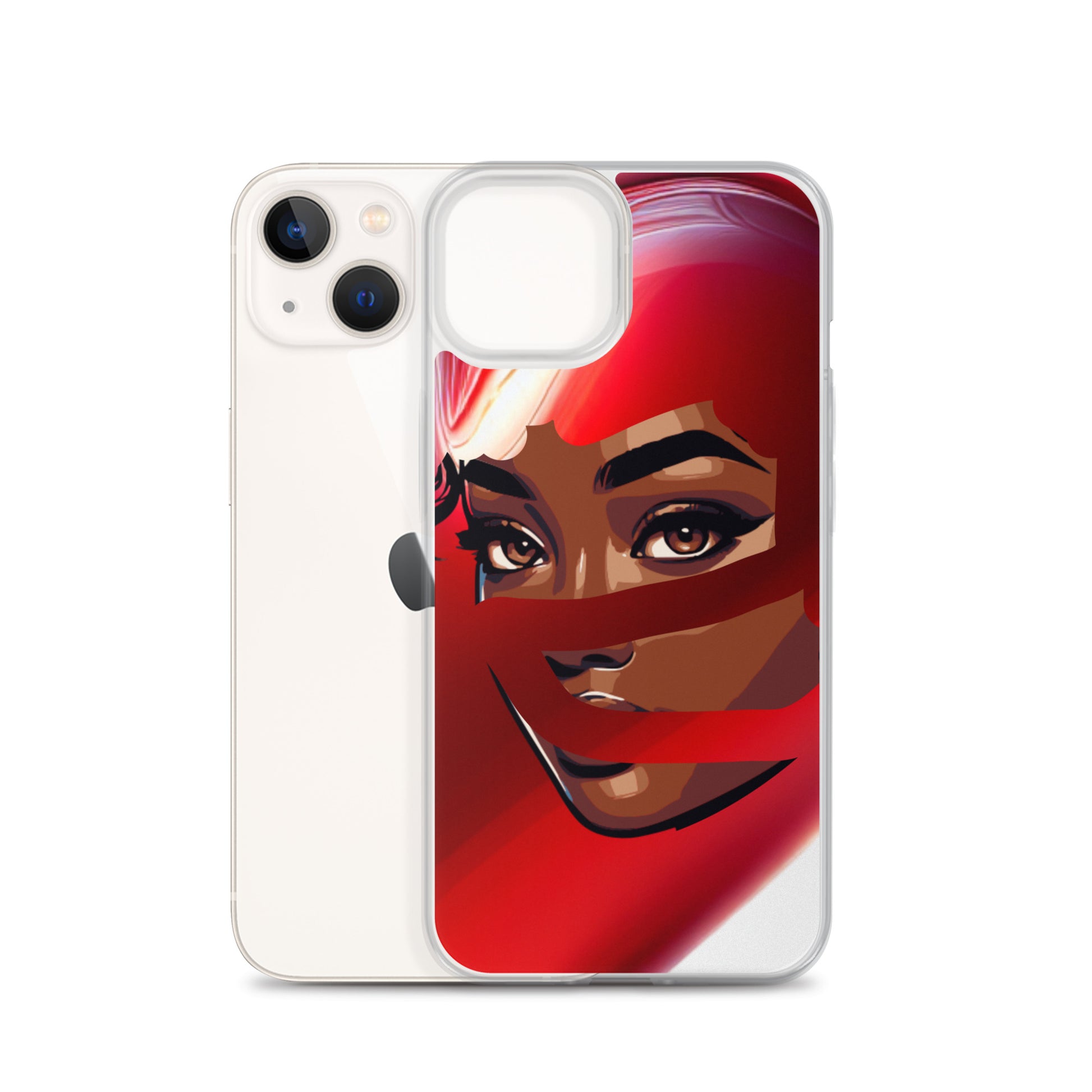 Clear iPhone® case featuring vibrant artwork of a woman with melanin-rich skin partially covered by a flowing red scarf, embodying purpose-driven messaging and faith-inspired design. Red Scarf Mystery Clear iPhone® Case.