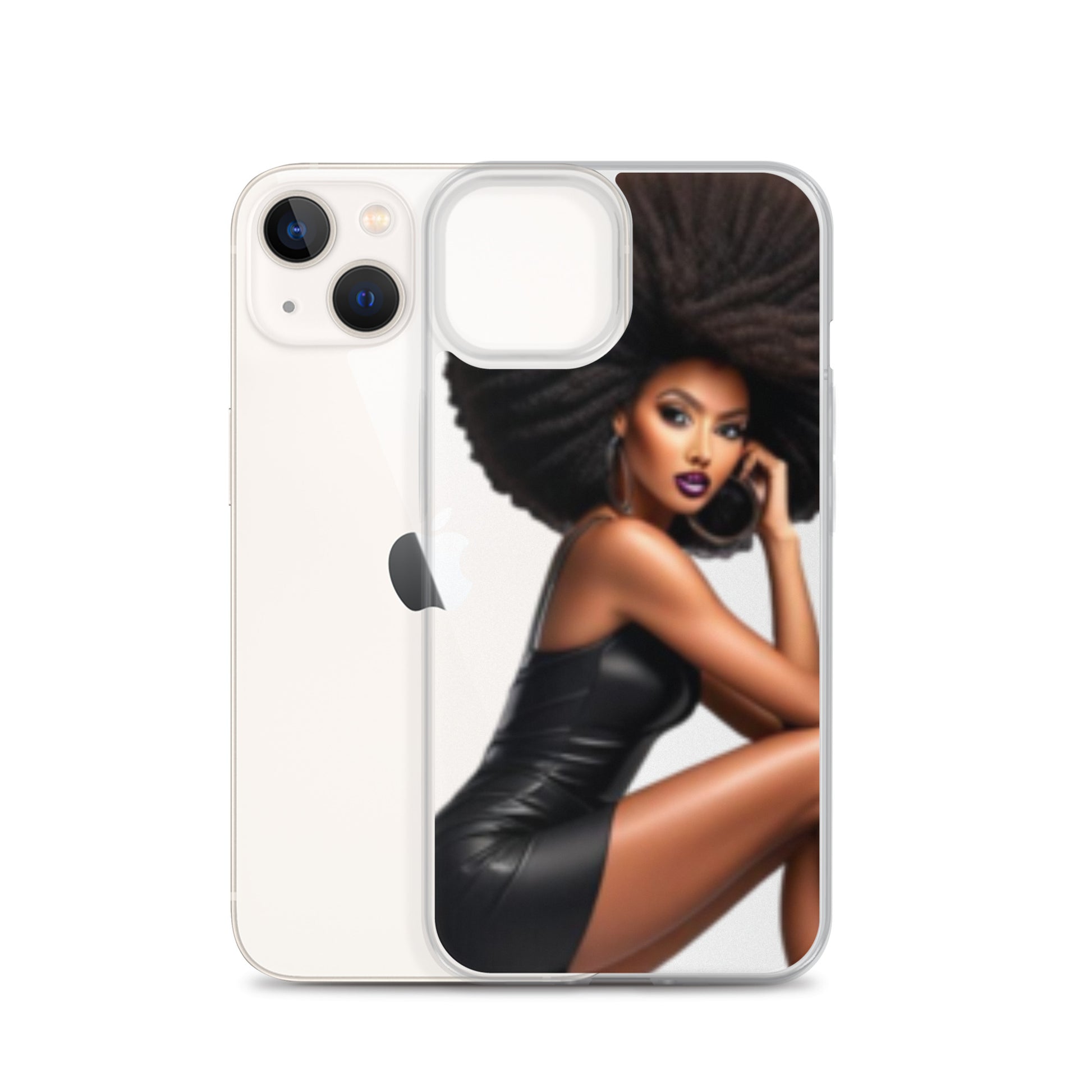 Stiletto Queen Clear iPhone® Case featuring a striking image of a confident Black woman with voluminous natural hair wearing a sleek black dress, blending melanin-rich imagery and faith-inspired style.