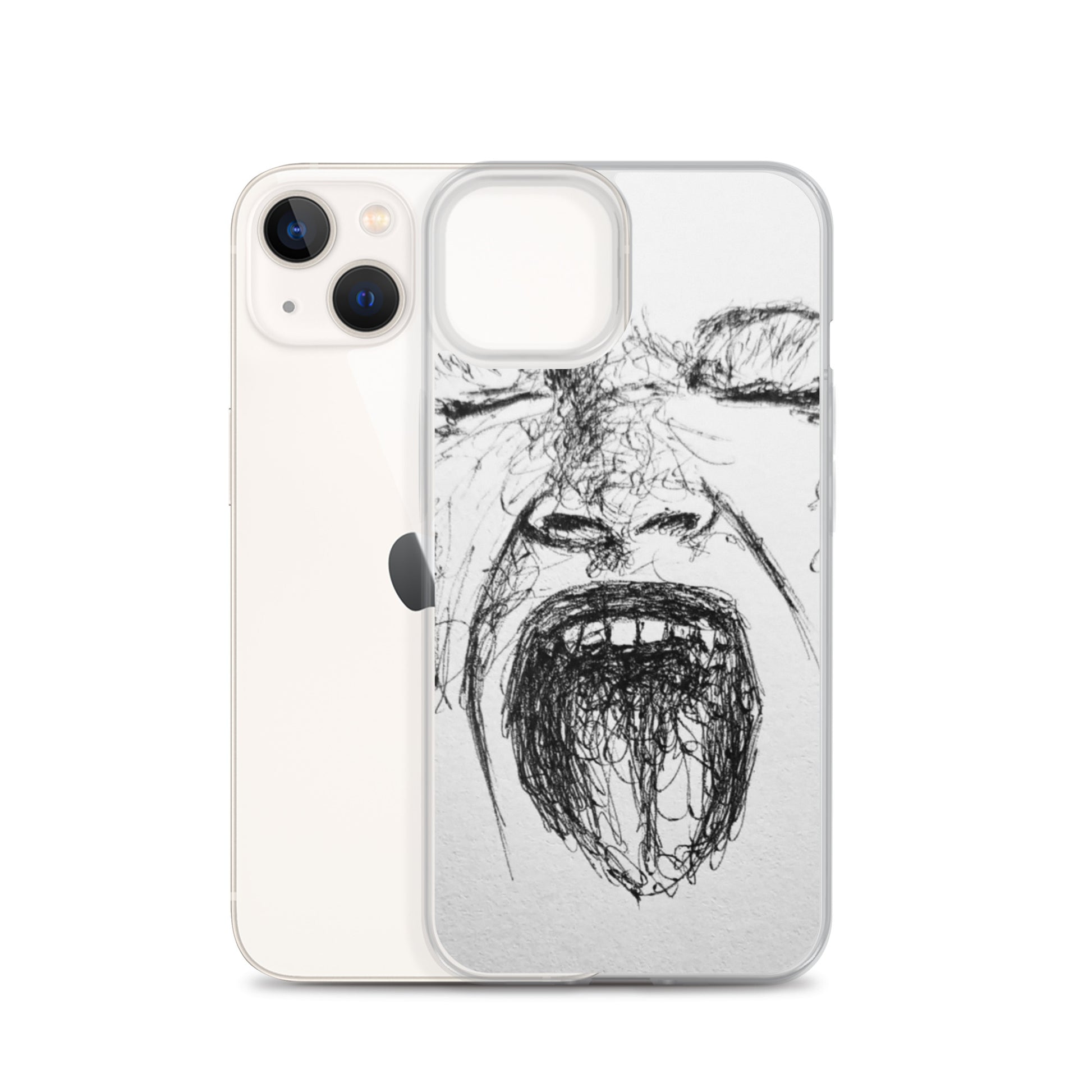 She Screams Clear iPhone® Case featuring an abstract black ink sketch of a screaming face, blending faith-inspired artistry with purpose-driven messaging and melanin-rich imagery.