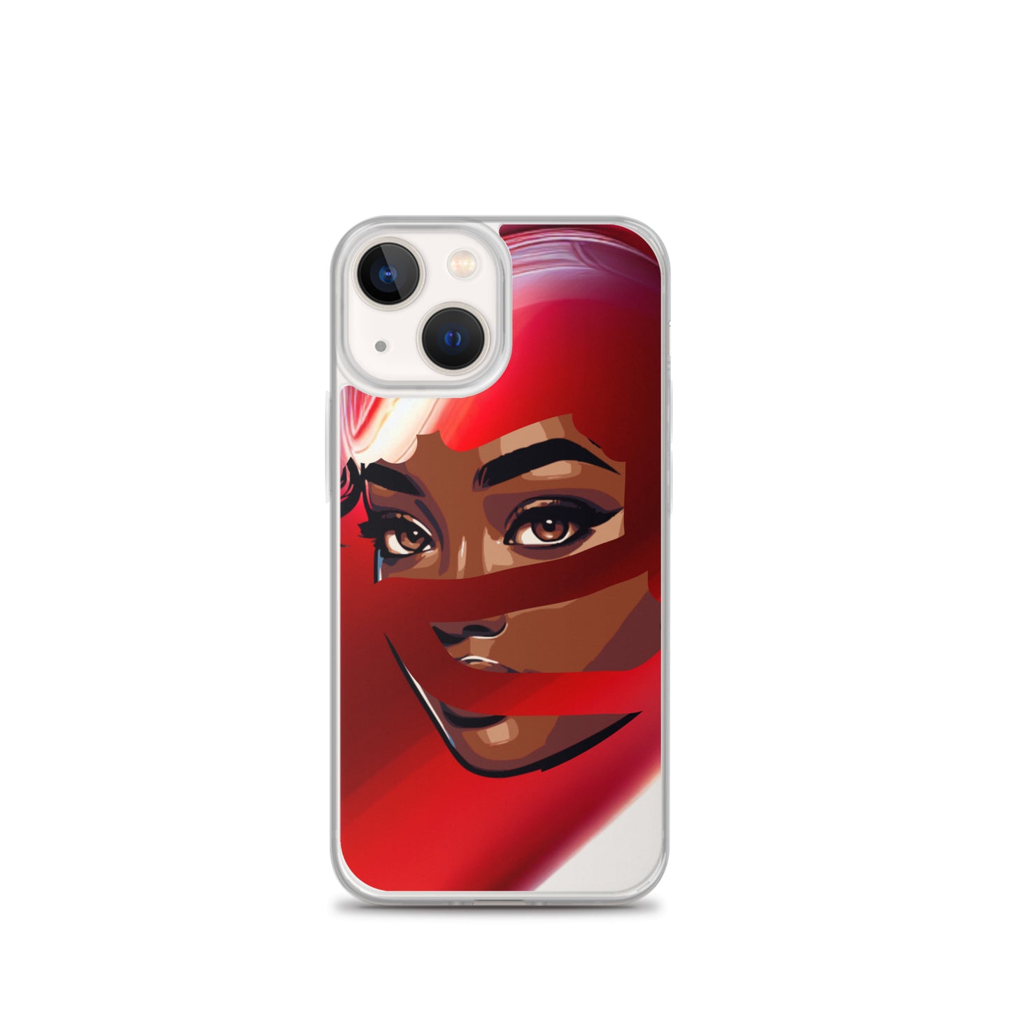 Red Scarf Mystery Clear iPhone® Case featuring an artistic close-up of a woman with melanin-rich skin wearing a vibrant red scarf, blending faith-inspired and purpose-driven style.
