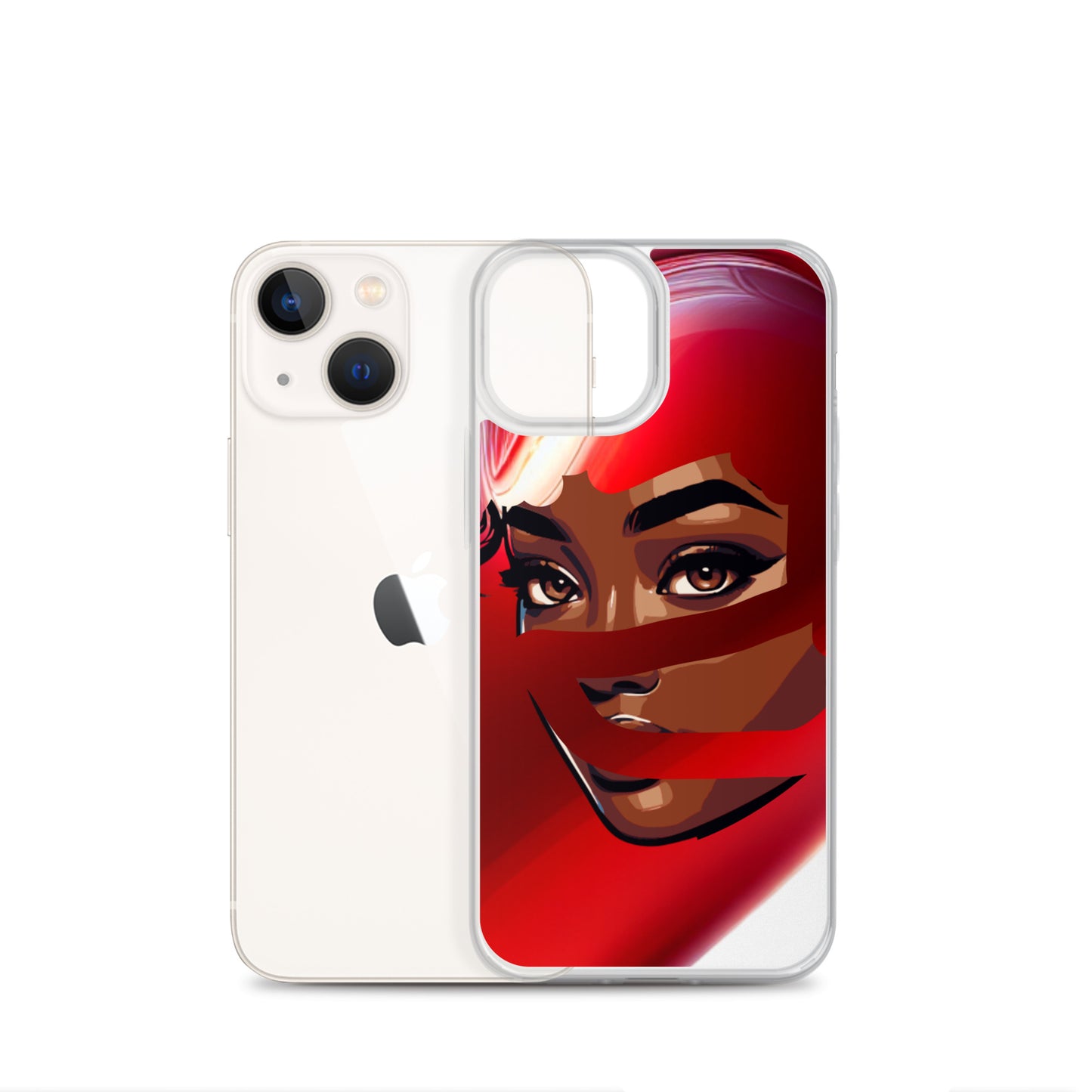Clear iPhone® case featuring a striking illustration of a woman with a red scarf, showcasing melanin-rich imagery and purpose-driven messaging on the Red Scarf Mystery Clear iPhone® Case.