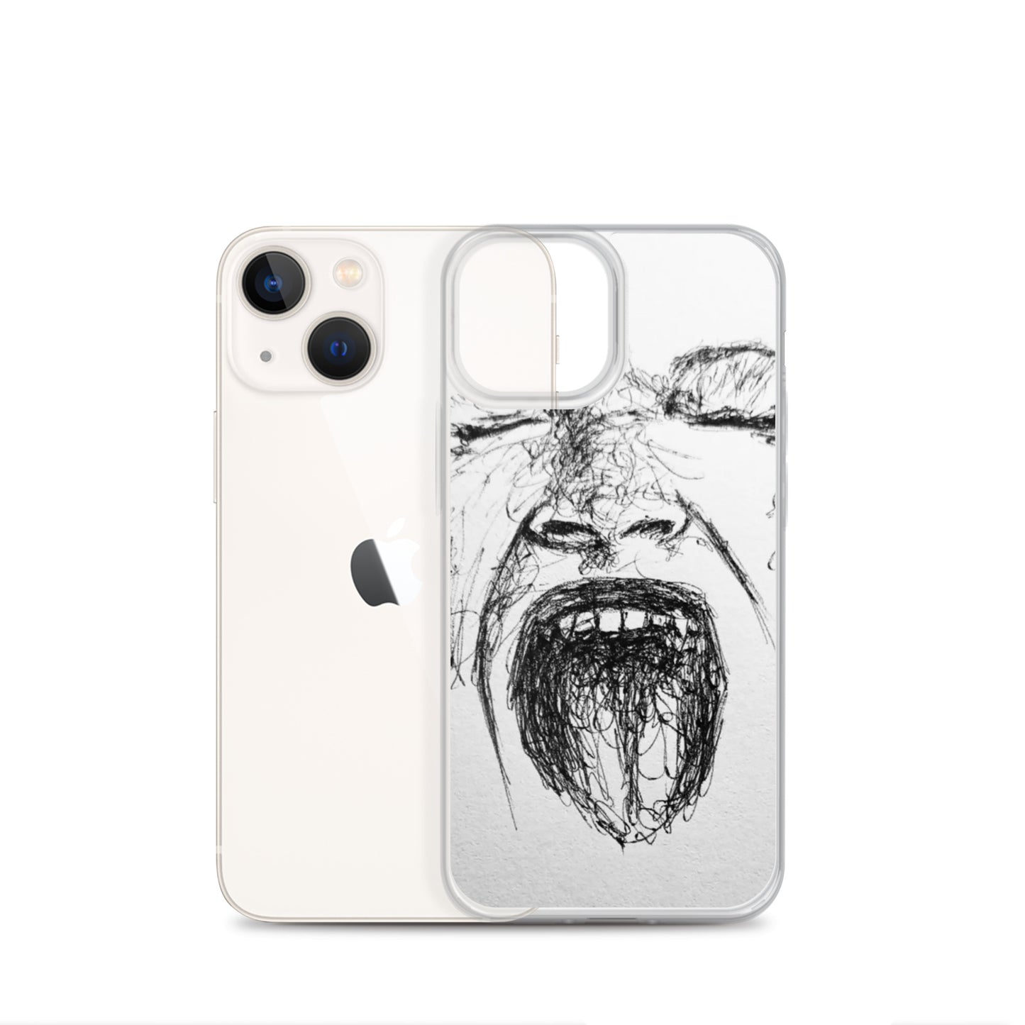 She Screams Clear iPhone® Case featuring an expressive black sketch design on a transparent background, blending artistic flair with faith-inspired purpose-driven messaging.