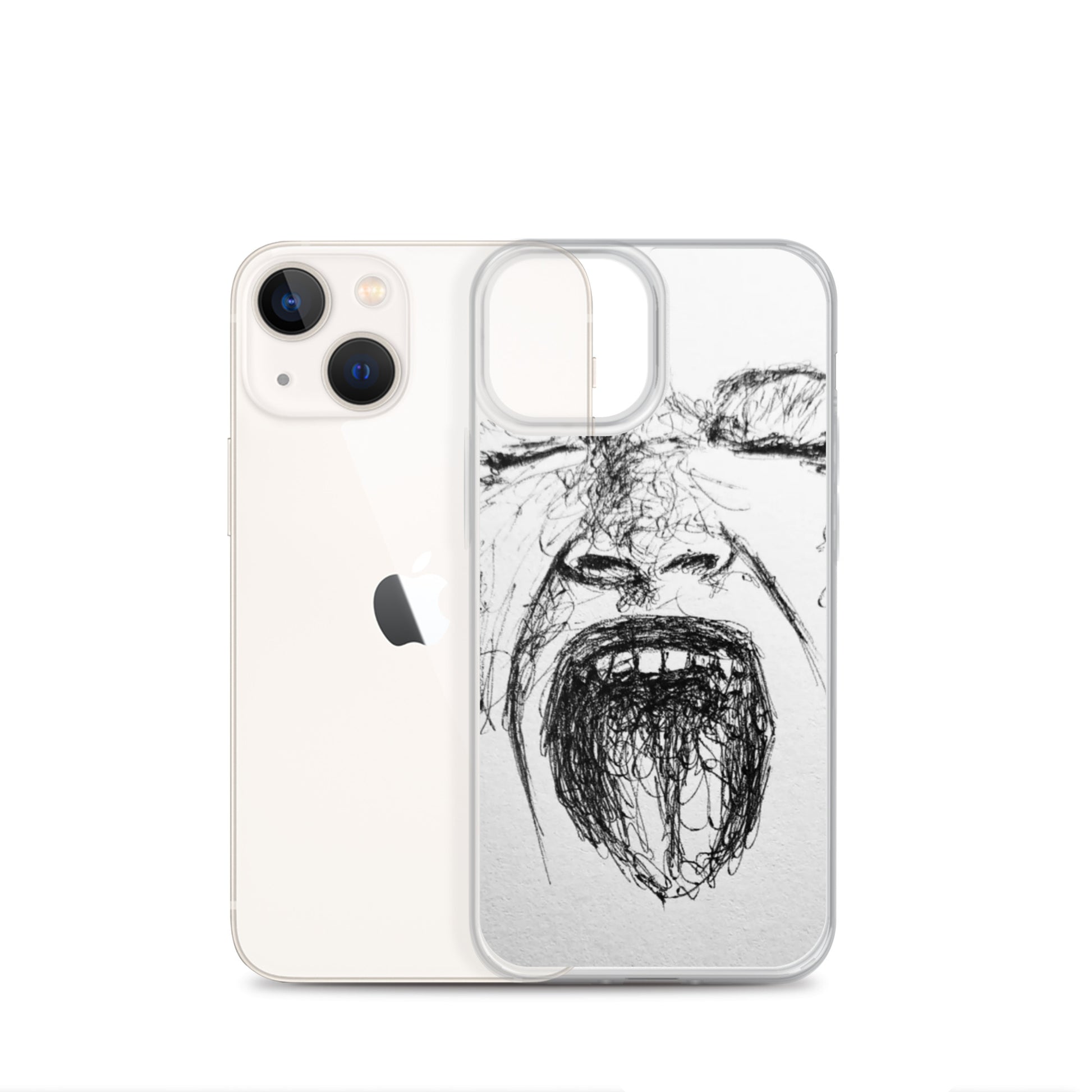 She Screams Clear iPhone® Case featuring an expressive black sketch design on a transparent background, blending artistic flair with faith-inspired purpose-driven messaging.