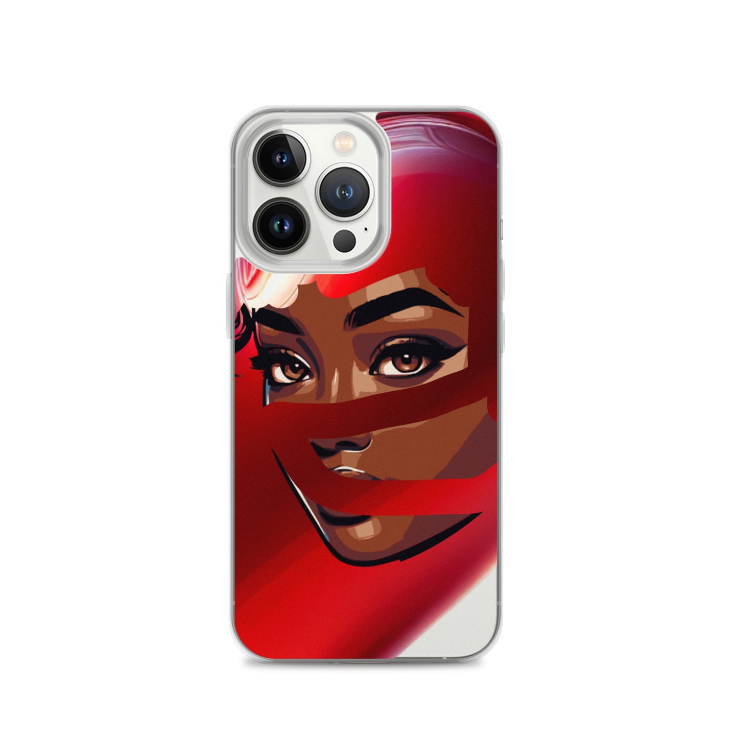 Clear iPhone® case featuring vibrant artwork of a woman with melanin-rich skin partially covered by a red scarf, showcasing faith-inspired apparel and purpose-driven messaging in the Red Scarf Mystery Clear iPhone® Case.